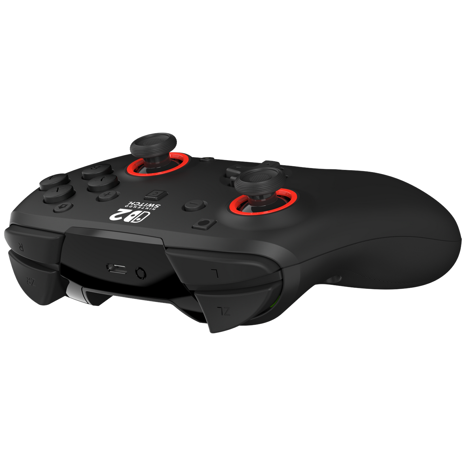 Black gaming controller with red accents and two joysticks.