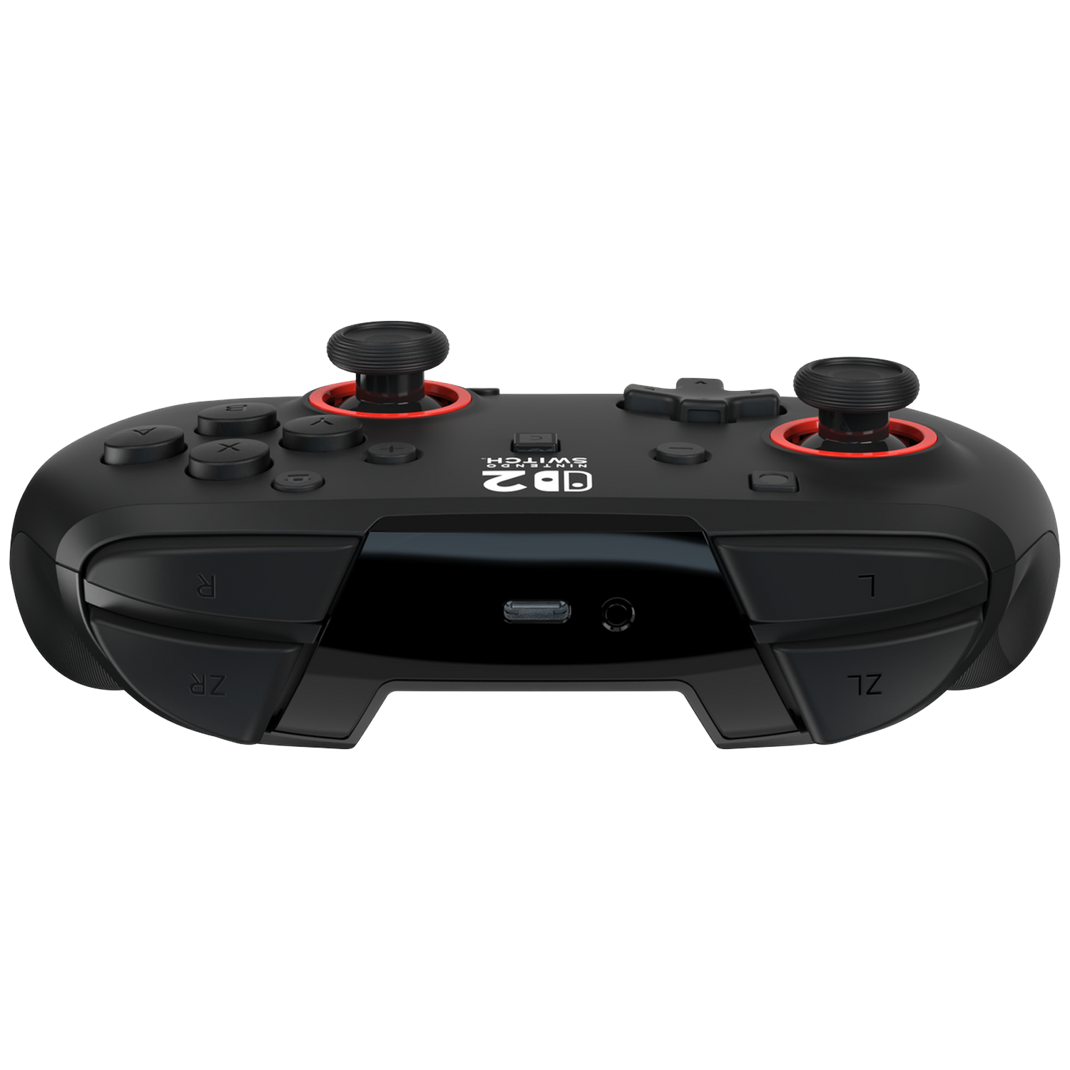 Black controller with red accents, two joysticks, and buttons.