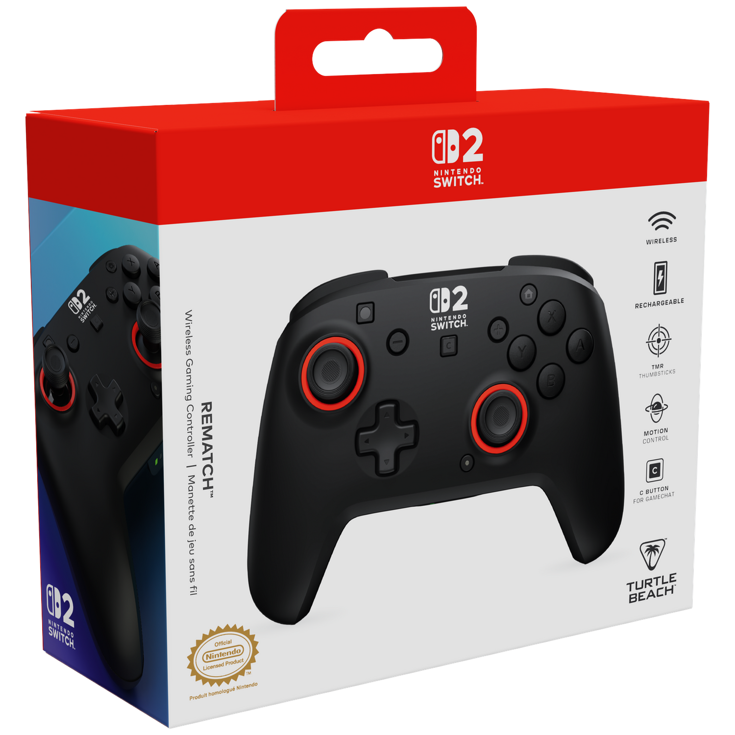 Packaging of a black Nintendo Switch controller with red accents.