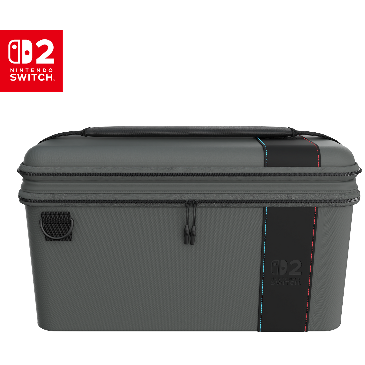 Grijze Nintendo Switch draagtas met rode en blauwe strepen. Logo bovenop.