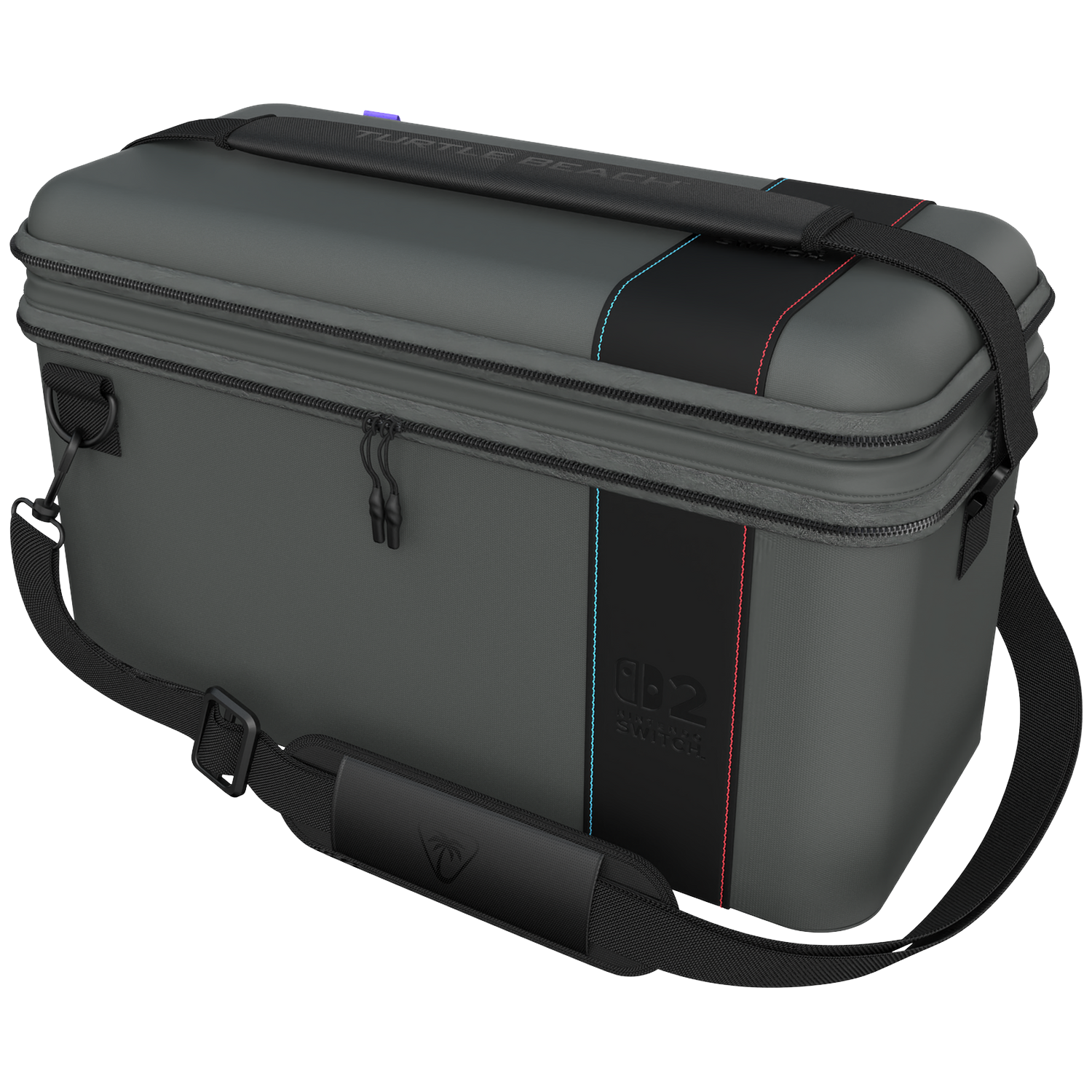 Grijze tas met zwarte handgreep en riem, met Nintendo Switch logo.