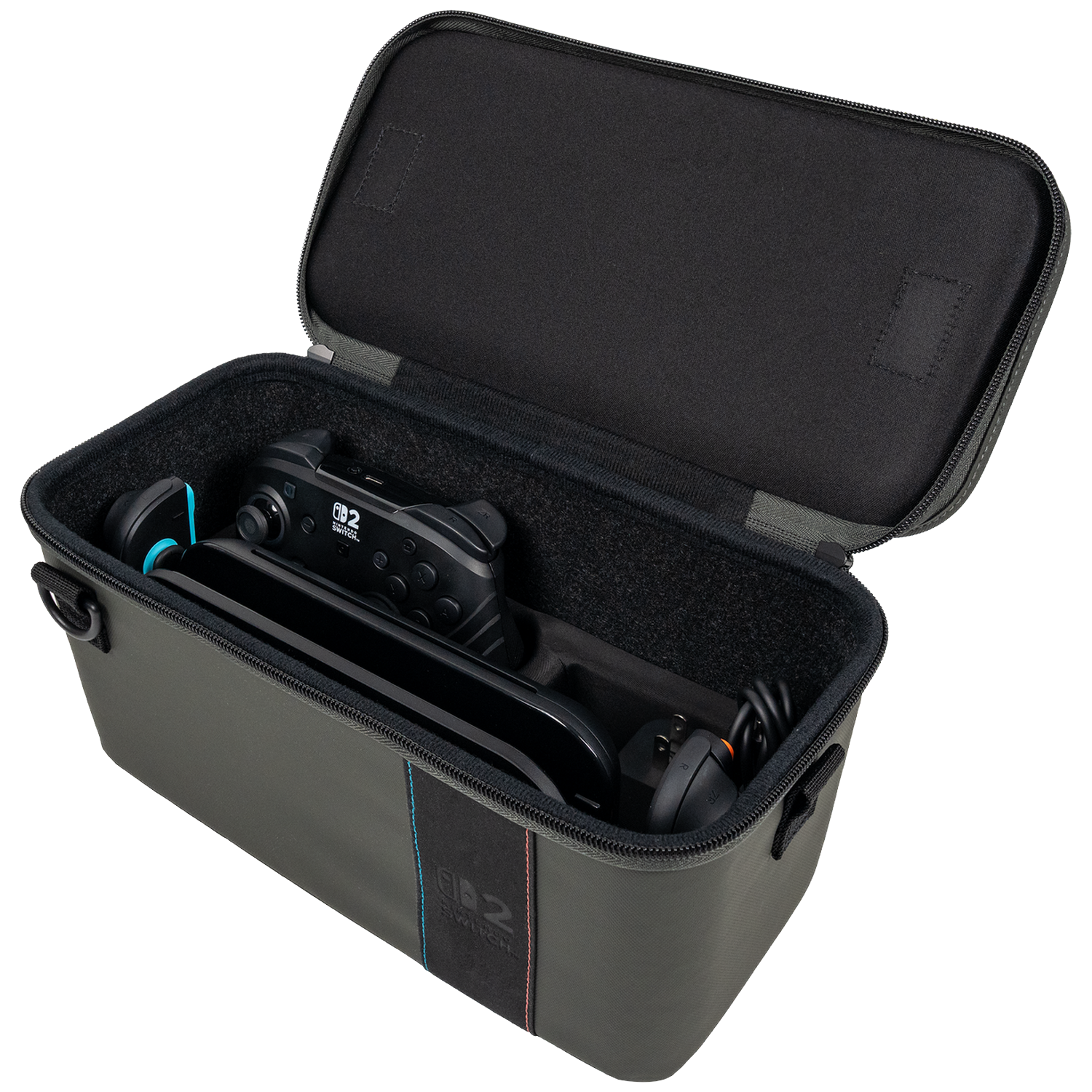 Open grijze tas met Nintendo Switch, controller en kabels erin.