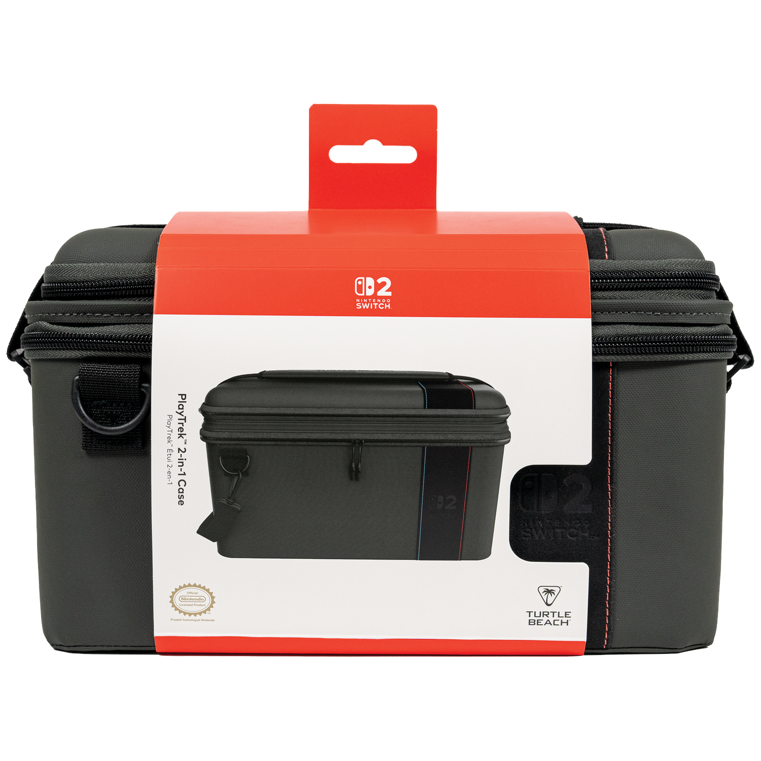 Zwarte Nintendo Switch draagtas met rode hanger en "PlayTrek 2-in-1 Case" opdruk.