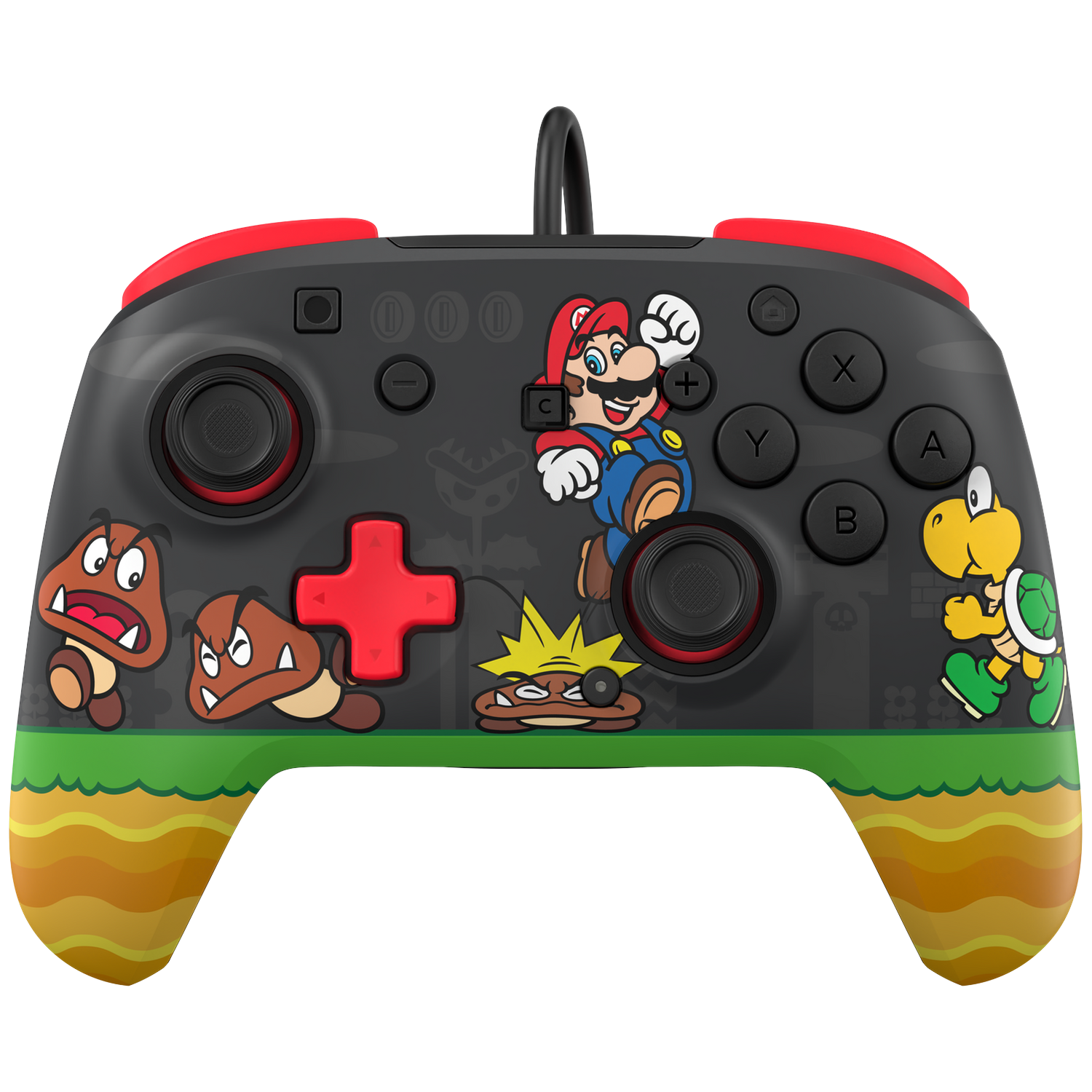Een controller met Mario, Goomba en Koopa Troopa ontwerpen op een zwarte achtergrond.