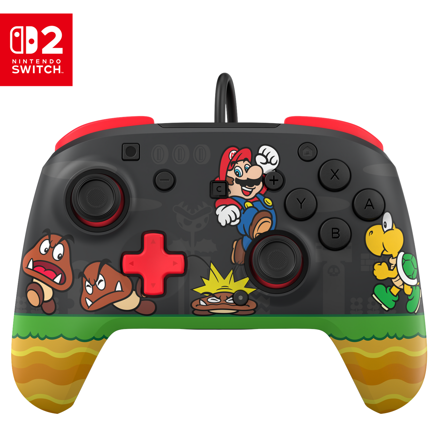 Een Nintendo Switch controller met Mario, Goomba's en Koopa op zwarte achtergrond.