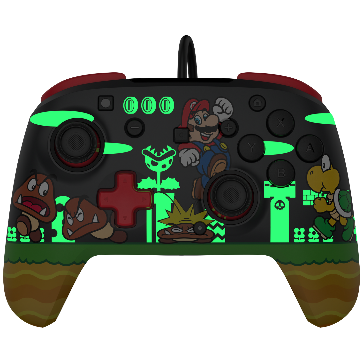 Een zwarte controller met gloeiende Super Mario-personages zoals Goomba's en Koopa.