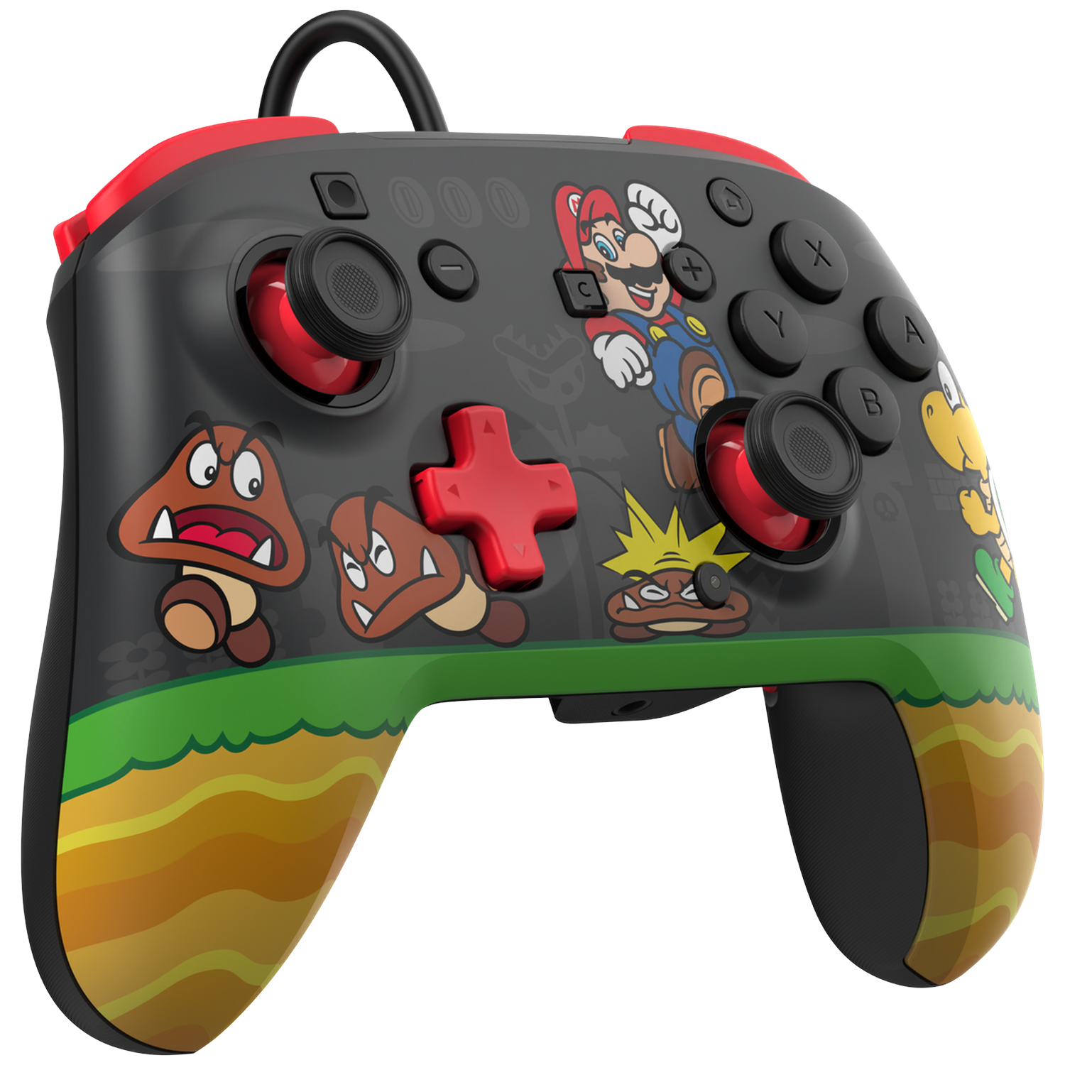 Een zwarte Nintendo controller met Mario-personages, rode knoppen en groen landschapsdesign.