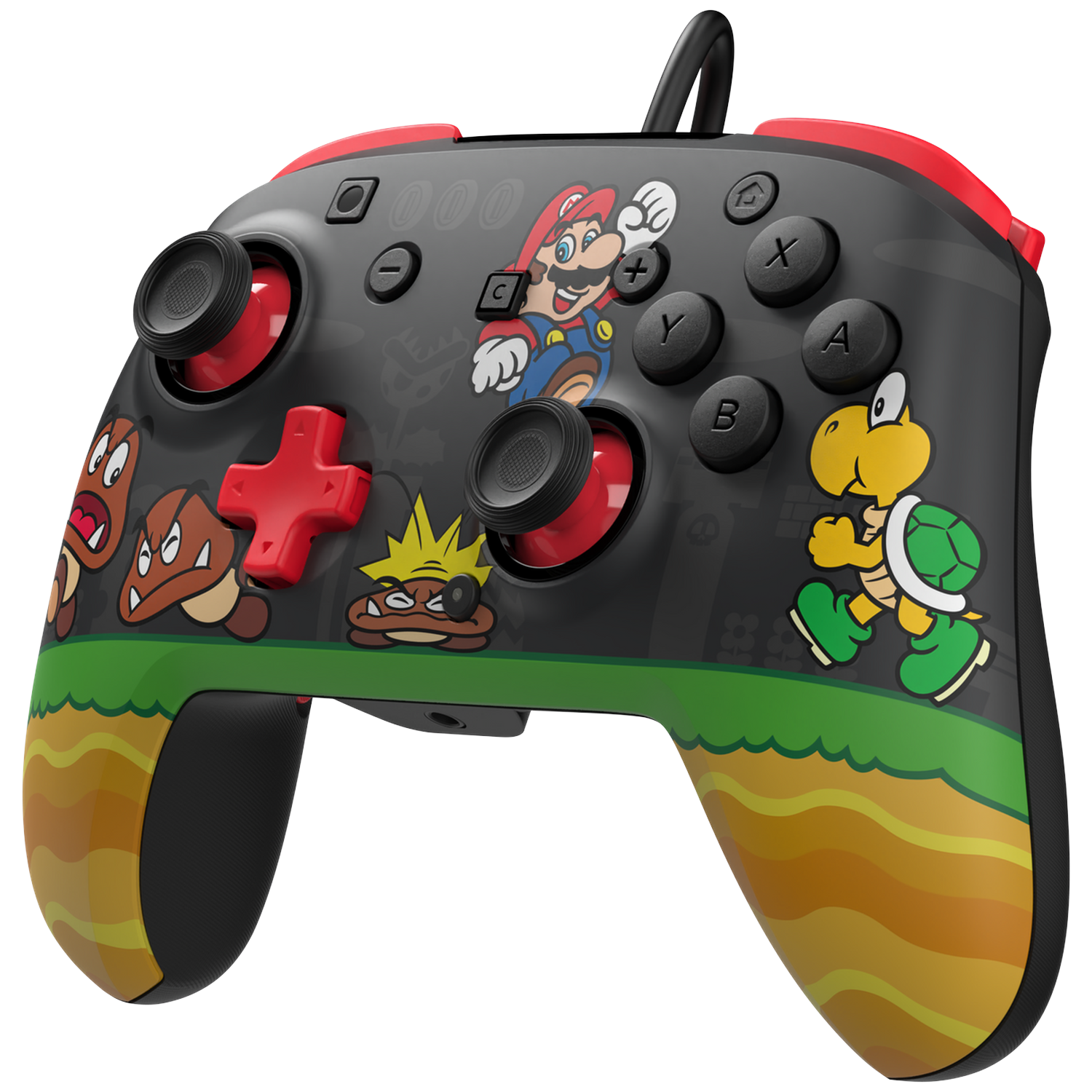 Een zwarte Nintendo-controller met Mario, Goomba en Koopa Troopa-graphics.
