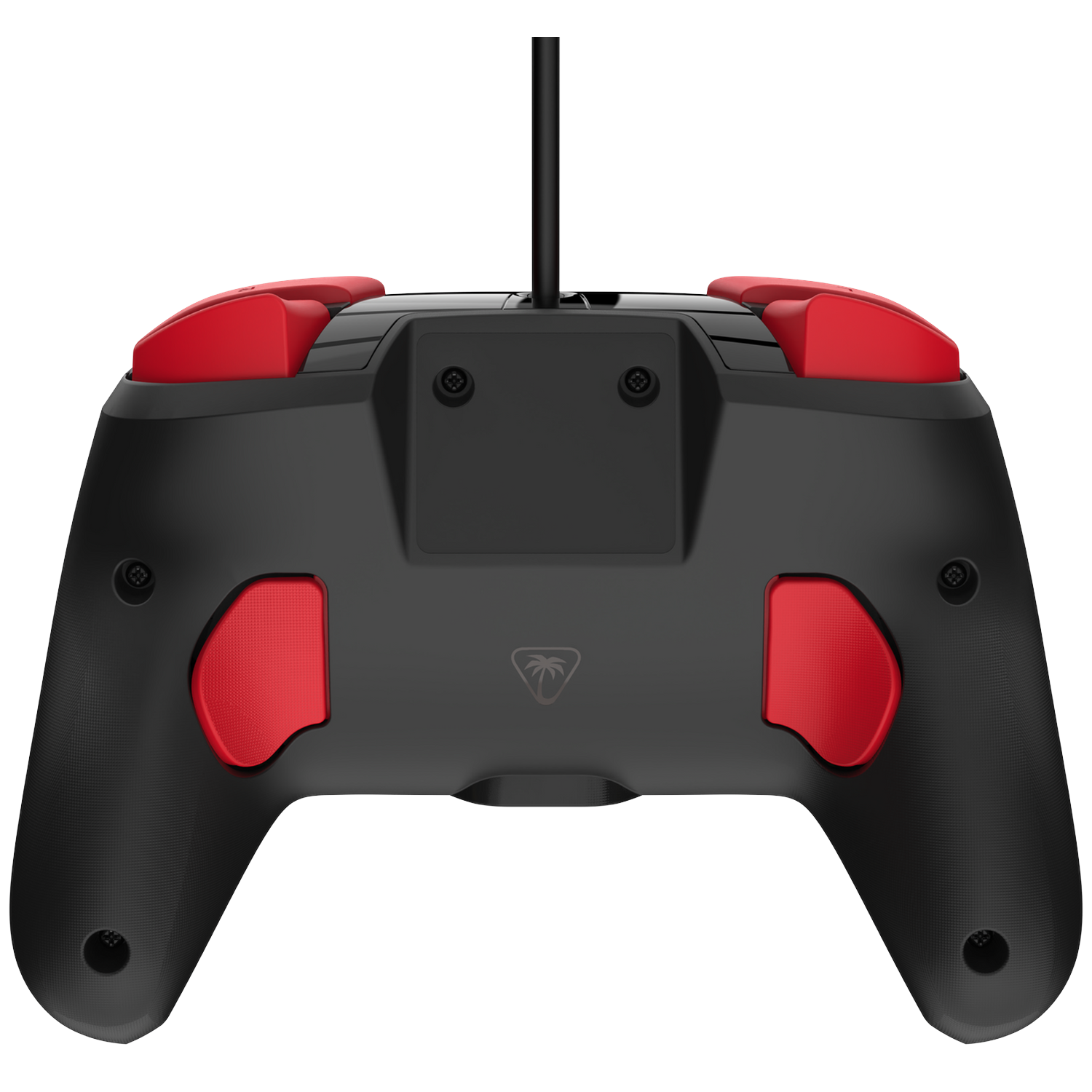 Achterkant van een zwart-rode videogamecontroller met een omhoog lopende kabel.
