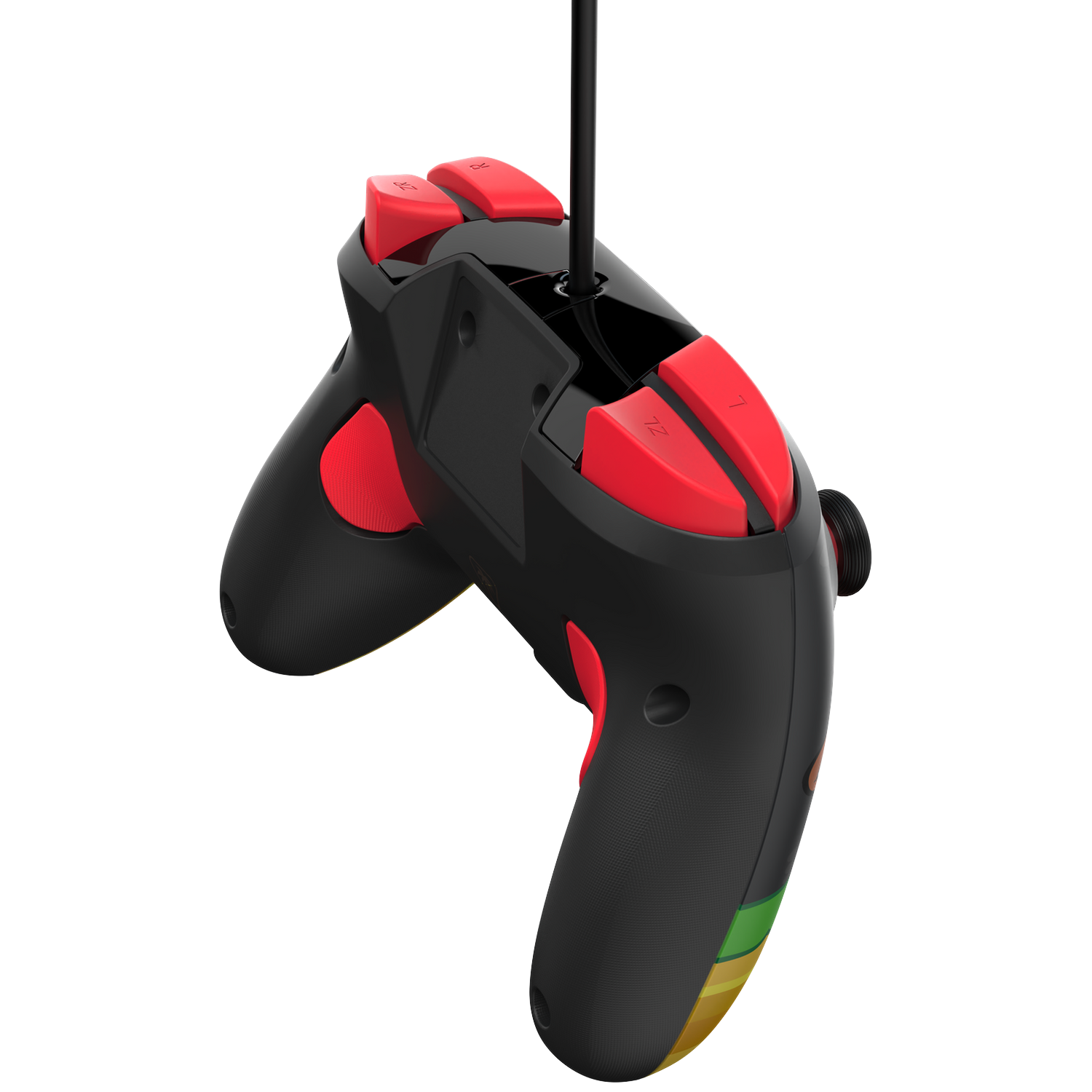 Zwarte gamecontroller met rode knoppen en zwart snoer, geïsoleerd op wit.