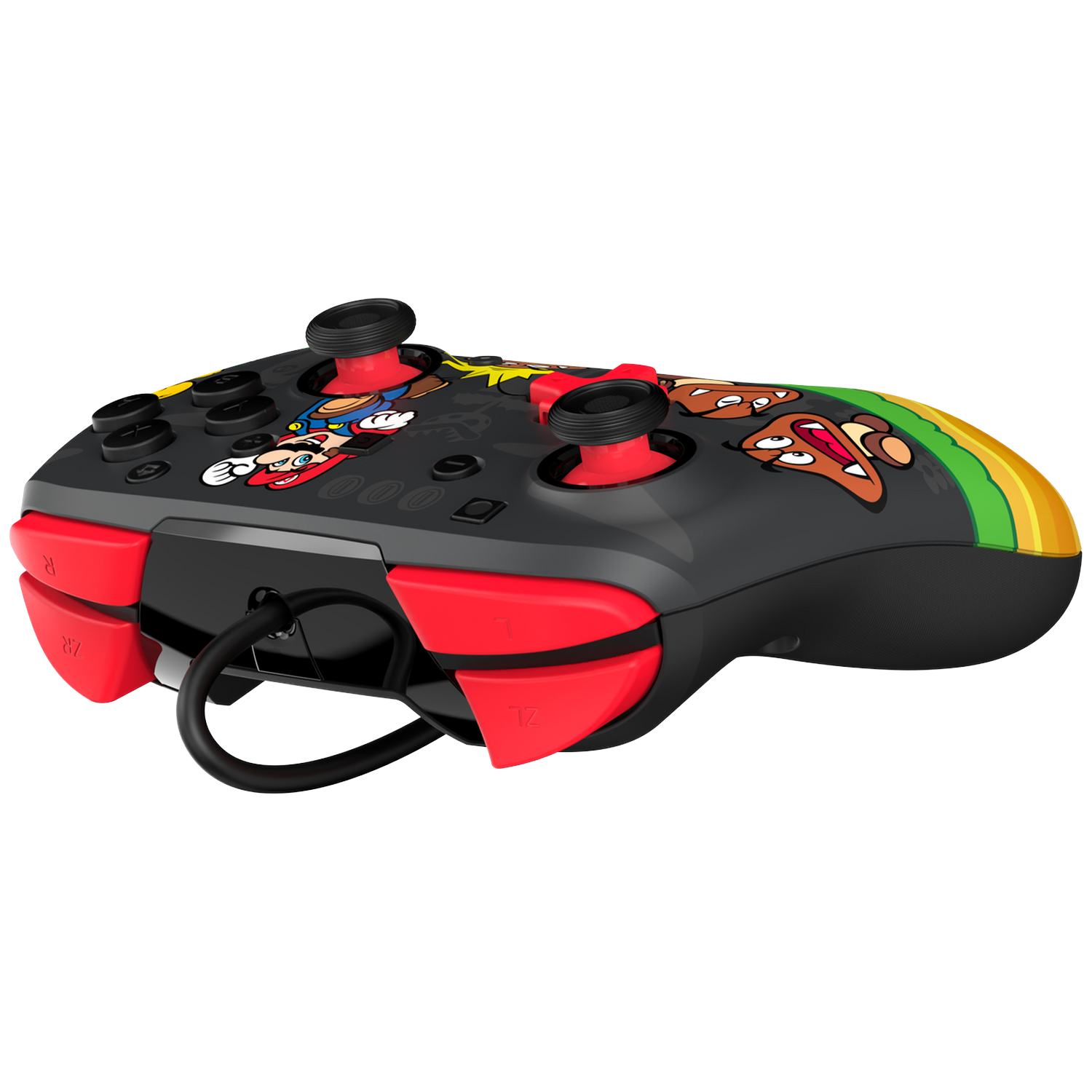 Zwarte controller met Mario-design, rode accenten en regenboogstrepen.