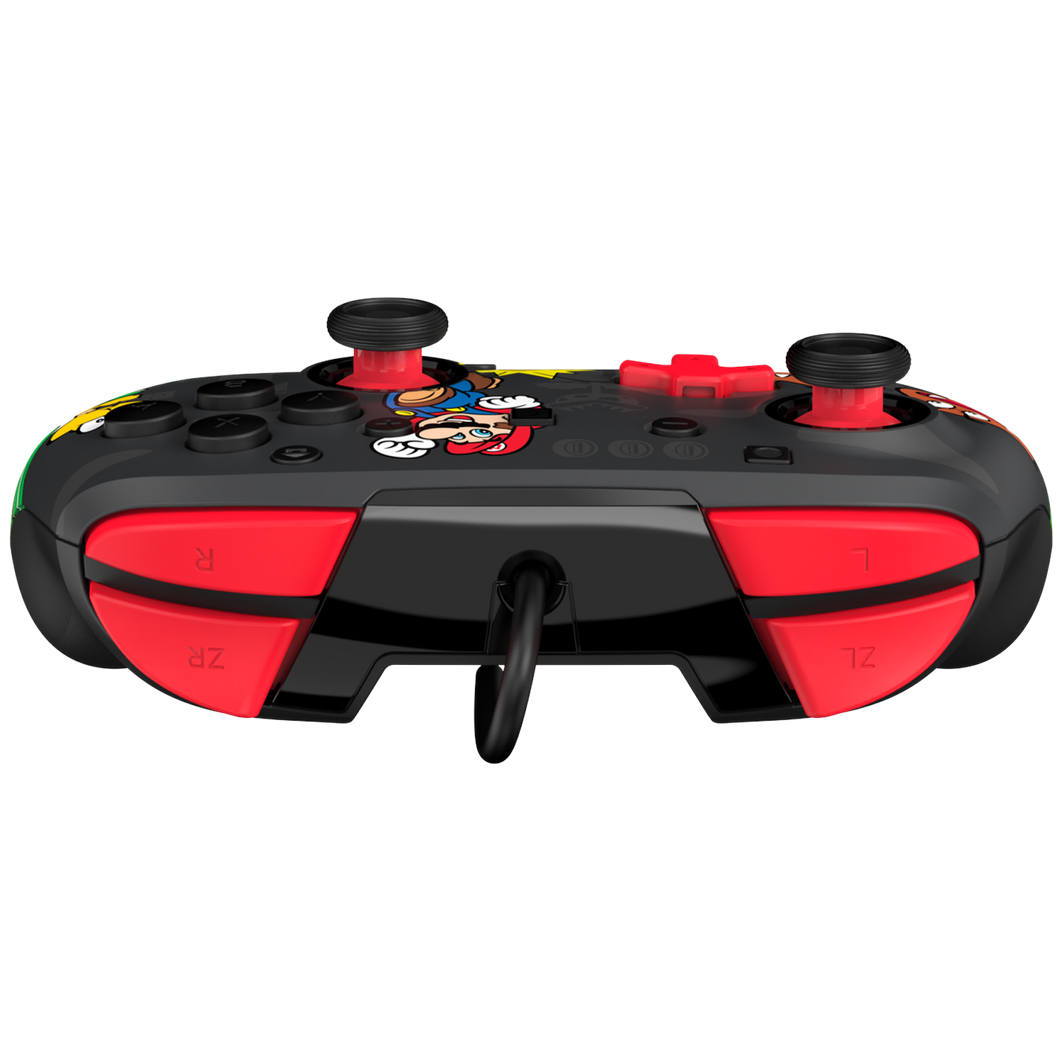 Zwarte controller met Mario-design, rode knoppen en twee joysticks.