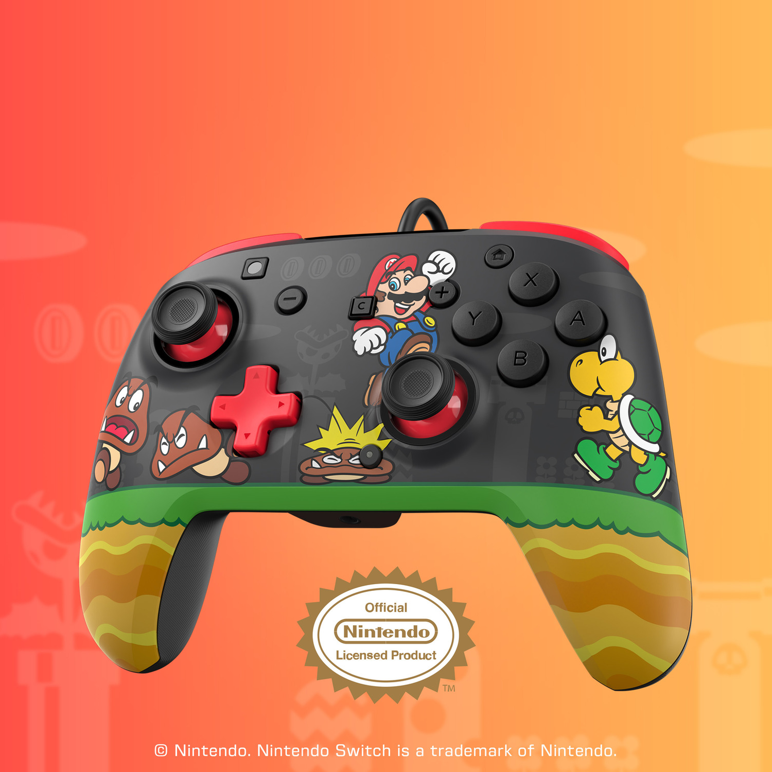 Zwarte Nintendo controller met Mario-personages en Goomba's.