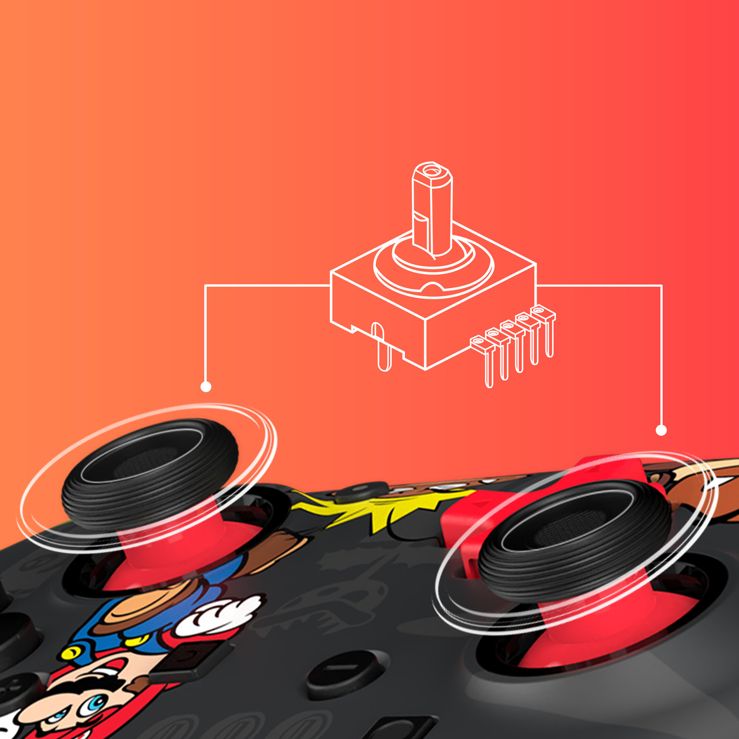 Een gamecontroller met Mario-ontwerp en een schema van een joystick.