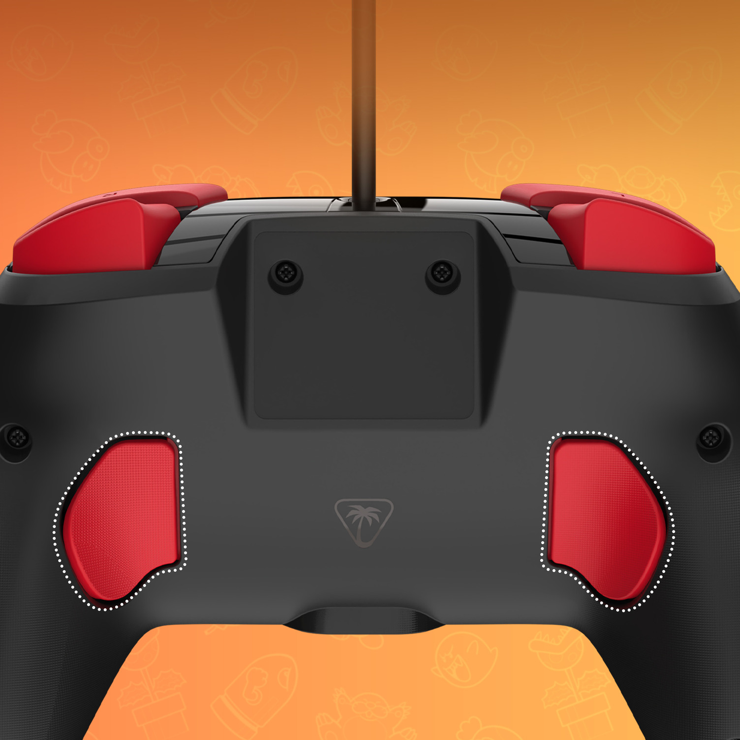 Zwarte controller met rode handvatten en knoppen op oranje achtergrond.