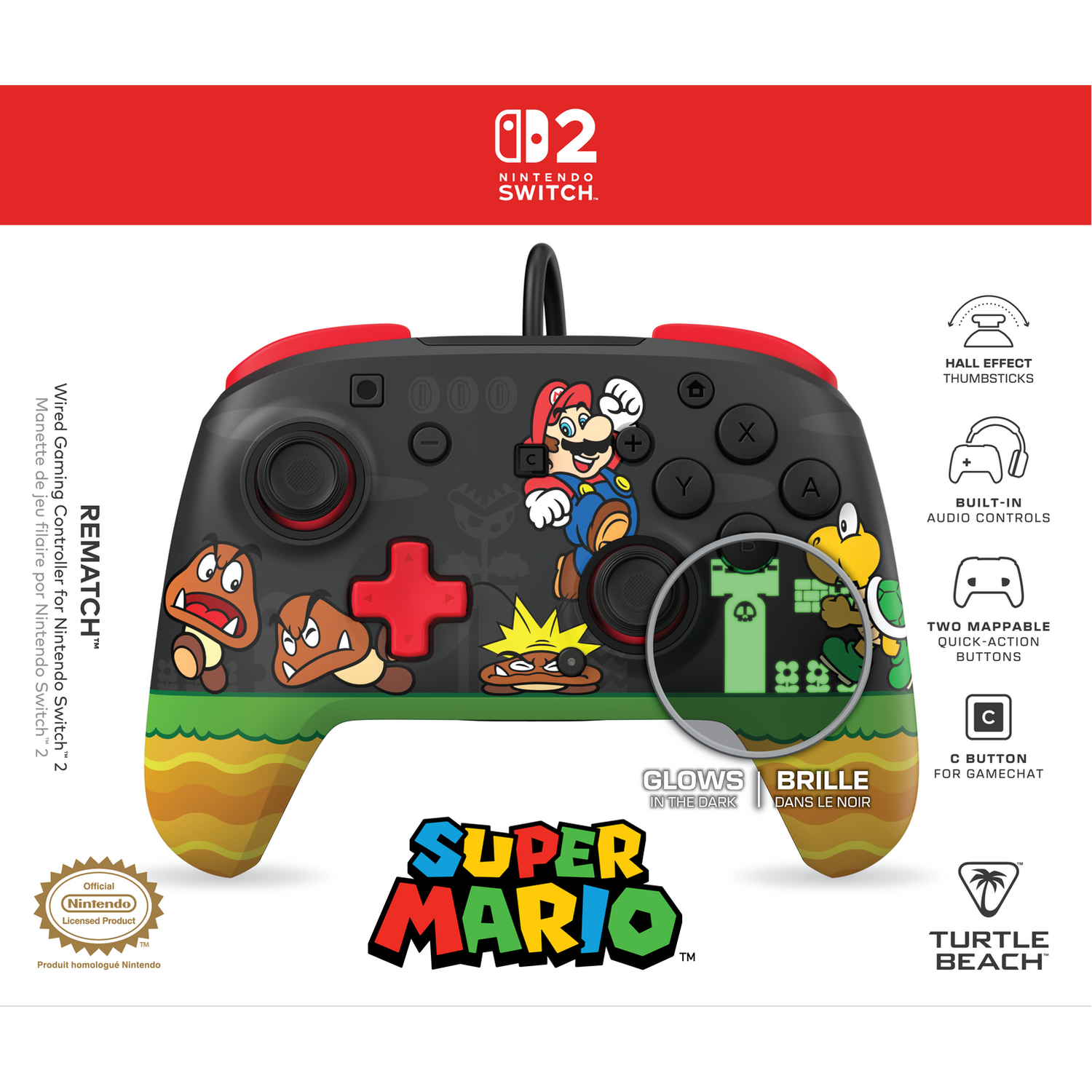Super Mario Nintendo Switch controller met Goomba's, Koopa en Mario. Licht op in het donker.