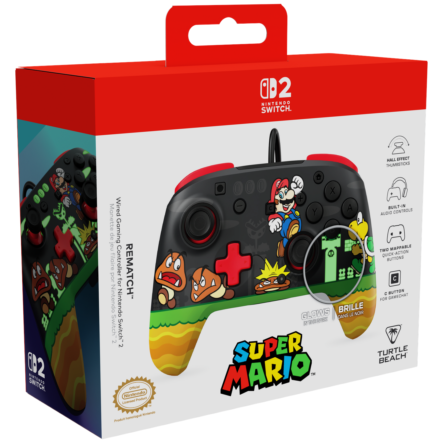 Super Mario Nintendo Switch controller verpakking met Mario en Goombas.