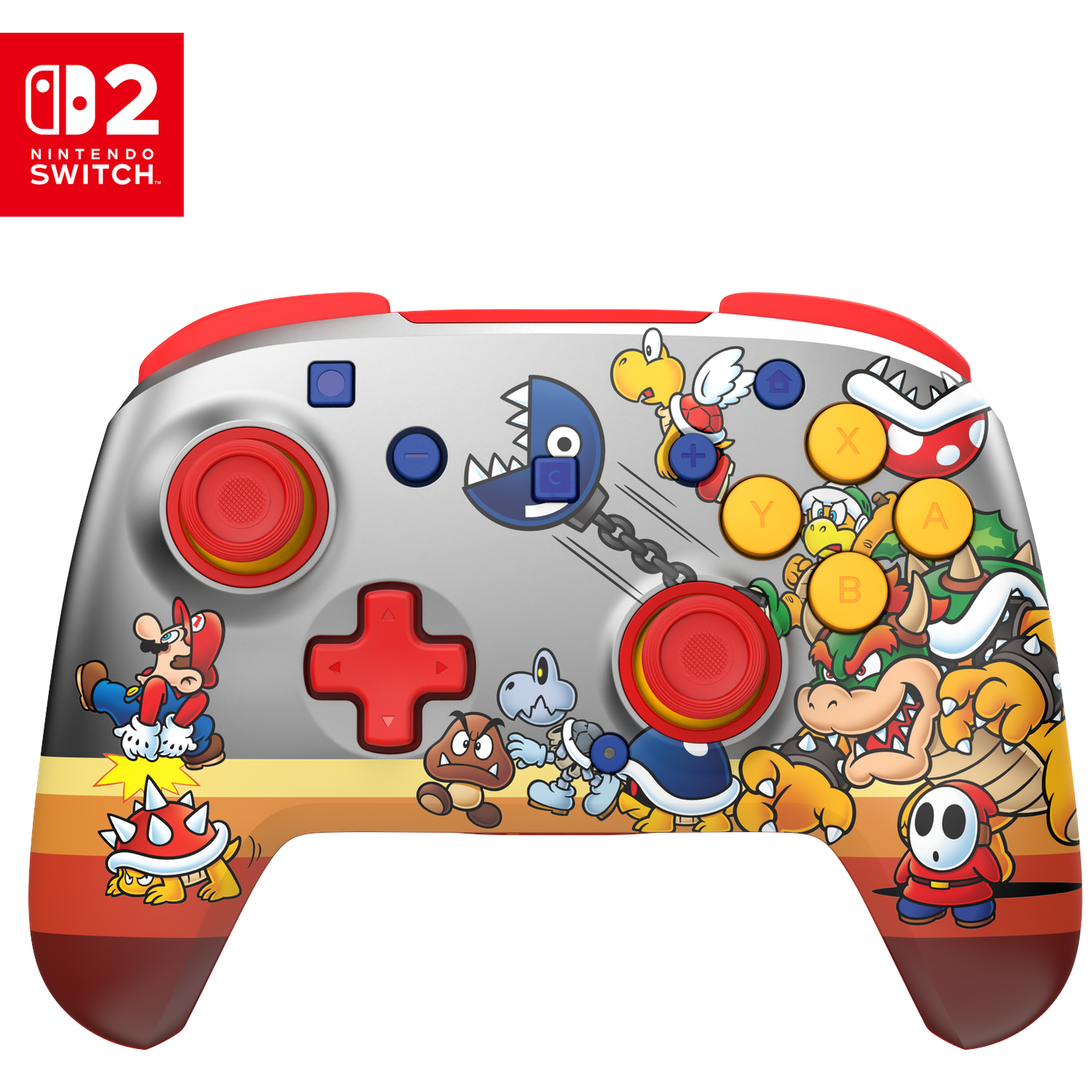 Nintendo Switch controller with Mario characters: Bowser, Mario, Goomba, Koopa Troopa, Shy Guy.
