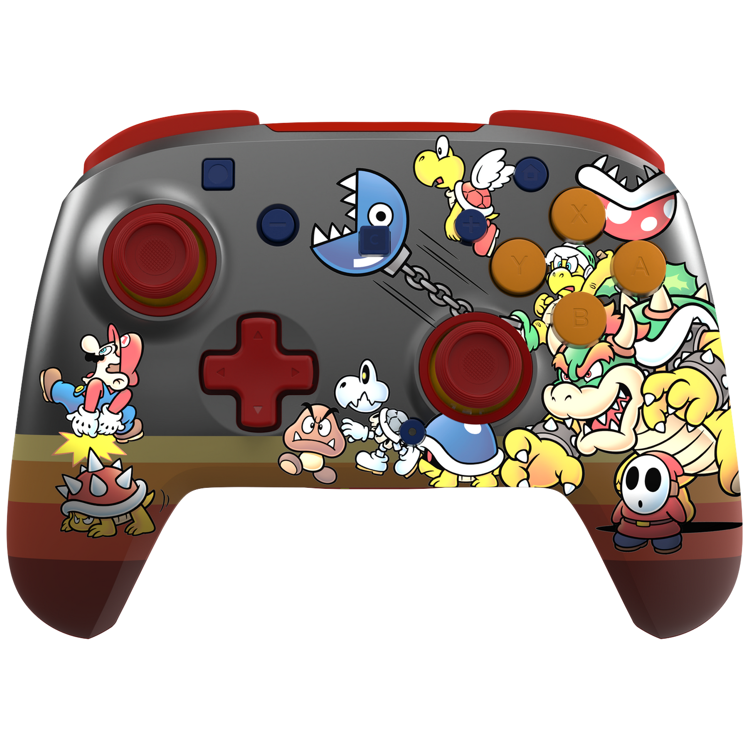 Mario controller with Super Mario characters like Bowser, Goomba, Shy Guy, Koopa Troopa, and Chain Chomp.