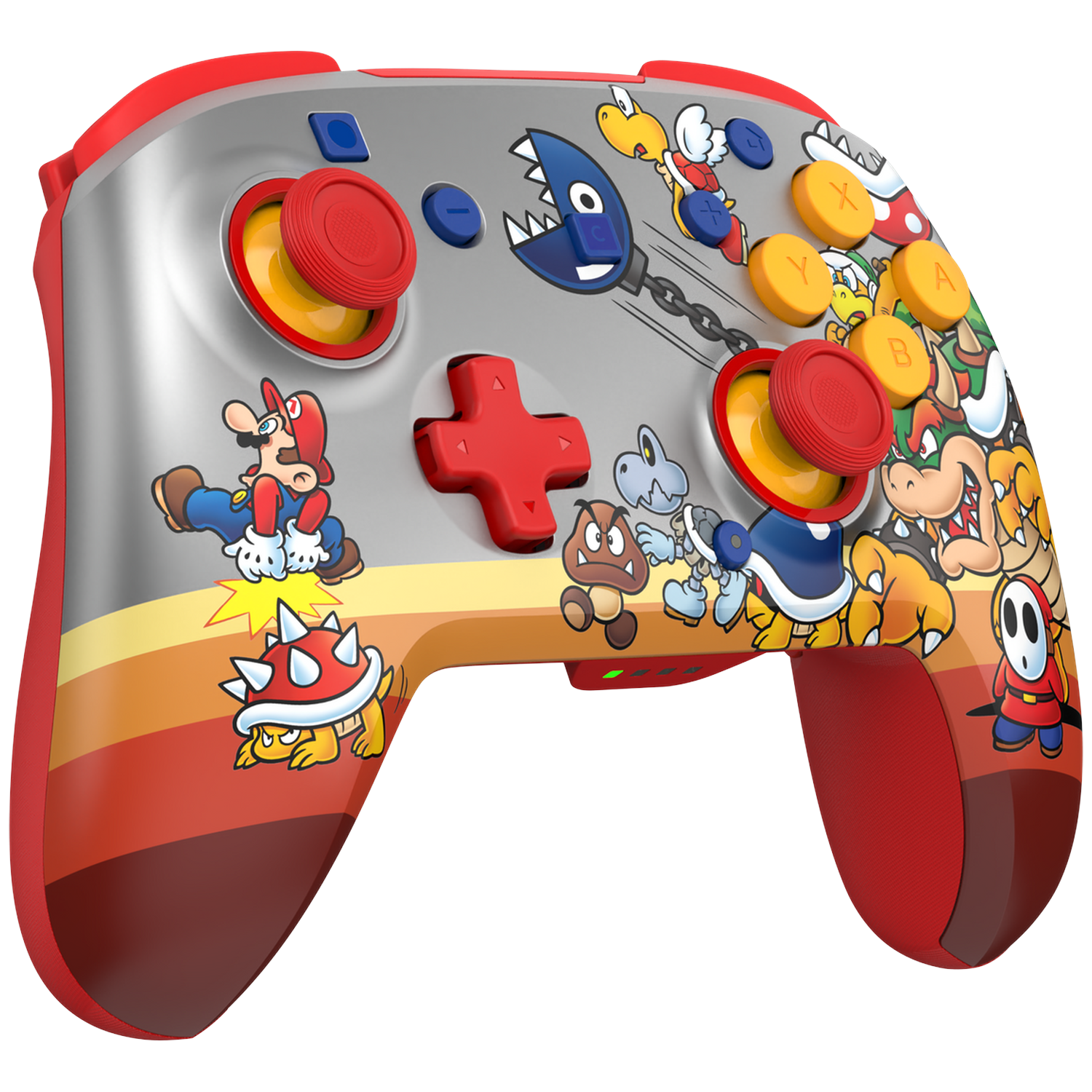 Gray Nintendo controller adorned with Mario characters, red grips, and yellow buttons.