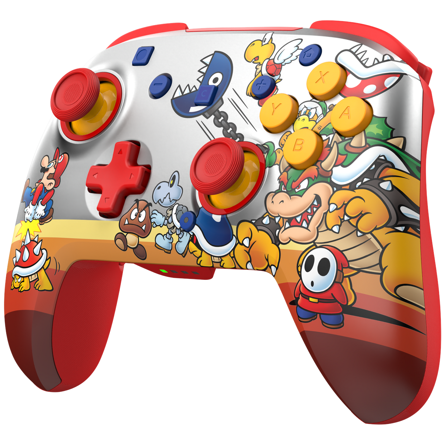 Nintendo Switch controller featuring Mario characters, Bowser, Goomba, and Shy Guy.