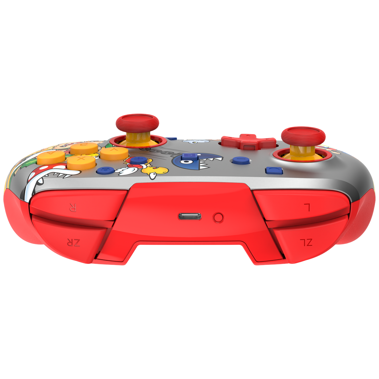 Red and gray Nintendo controller with Mario characters and red joysticks.