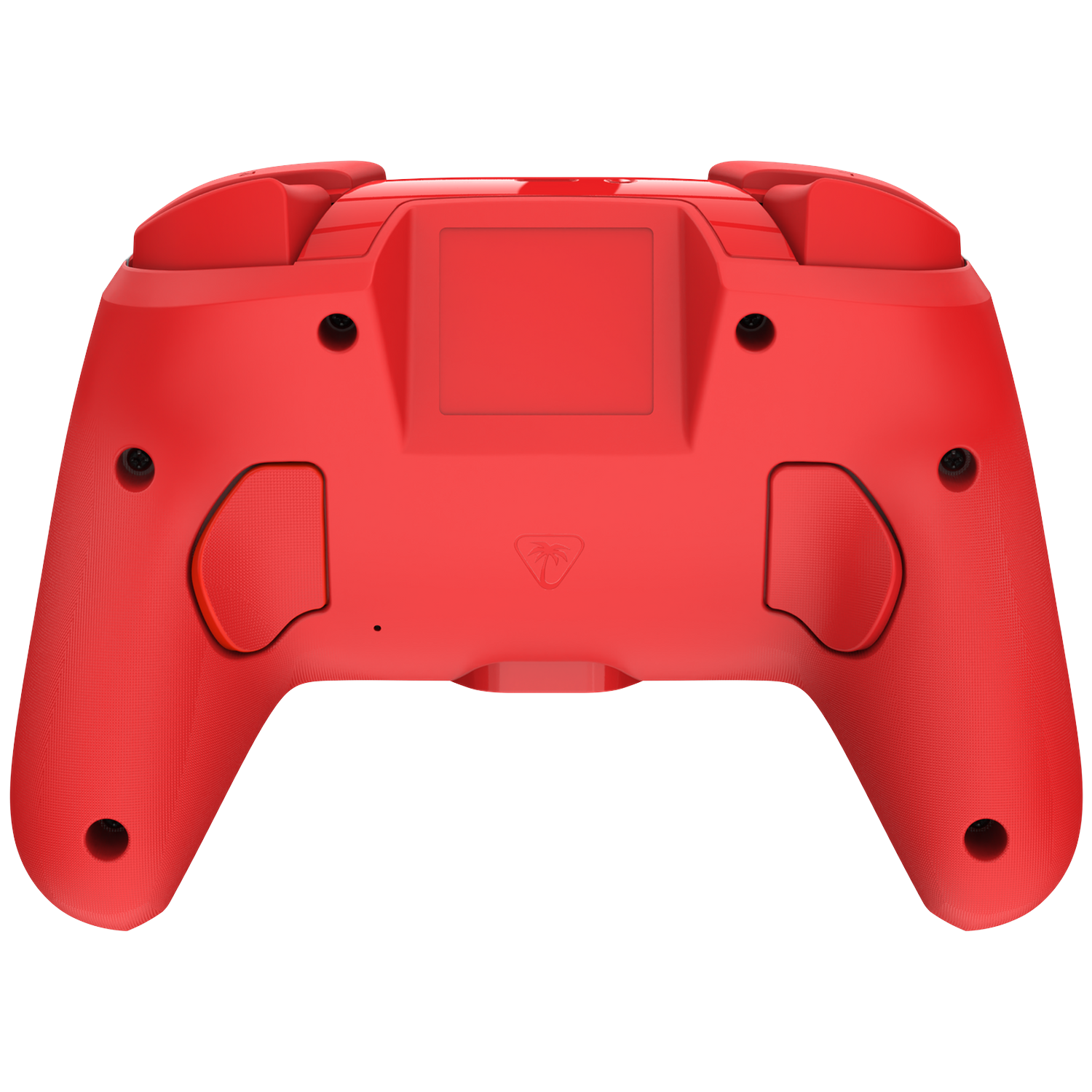 Red game controller back with grips, buttons, and a logo.