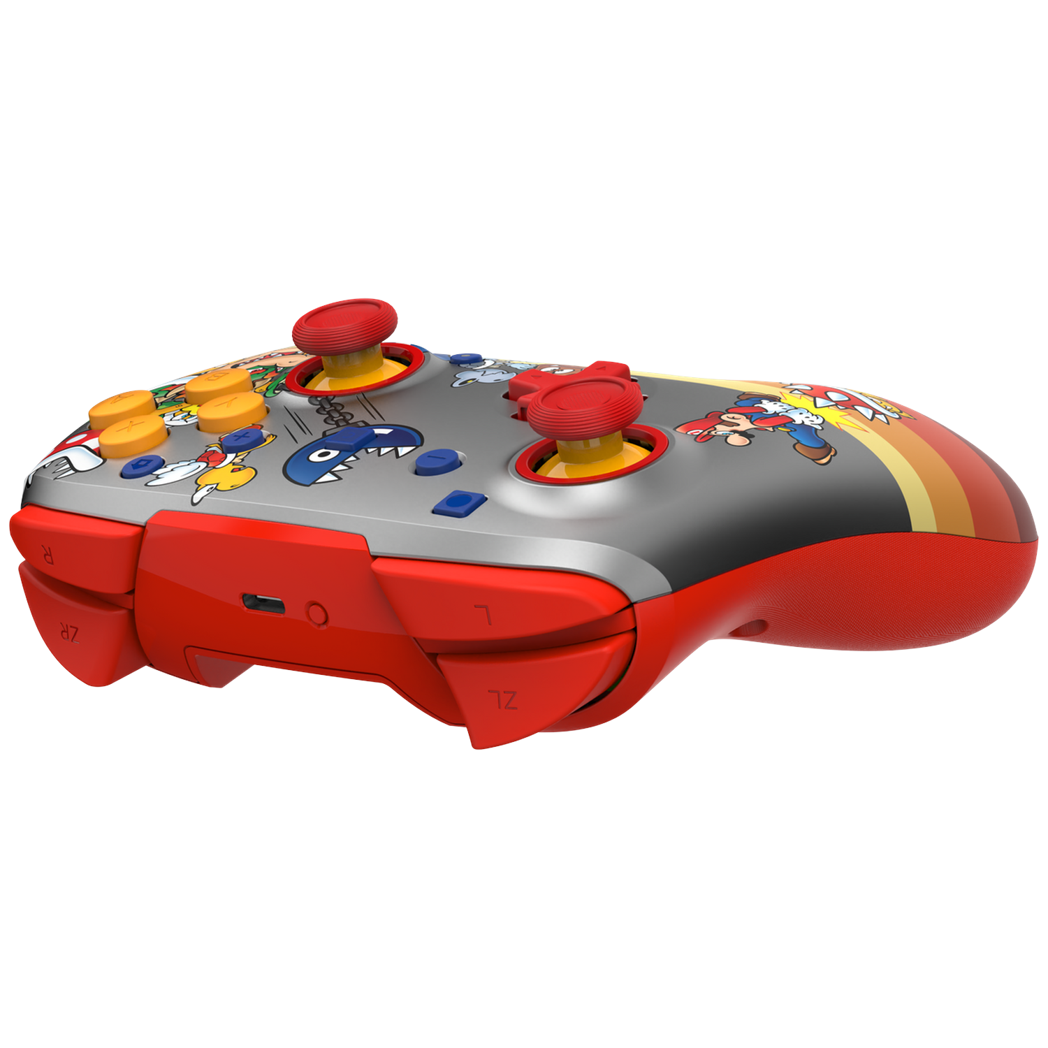 Red and gray game controller with Mario characters and rainbow stripes.