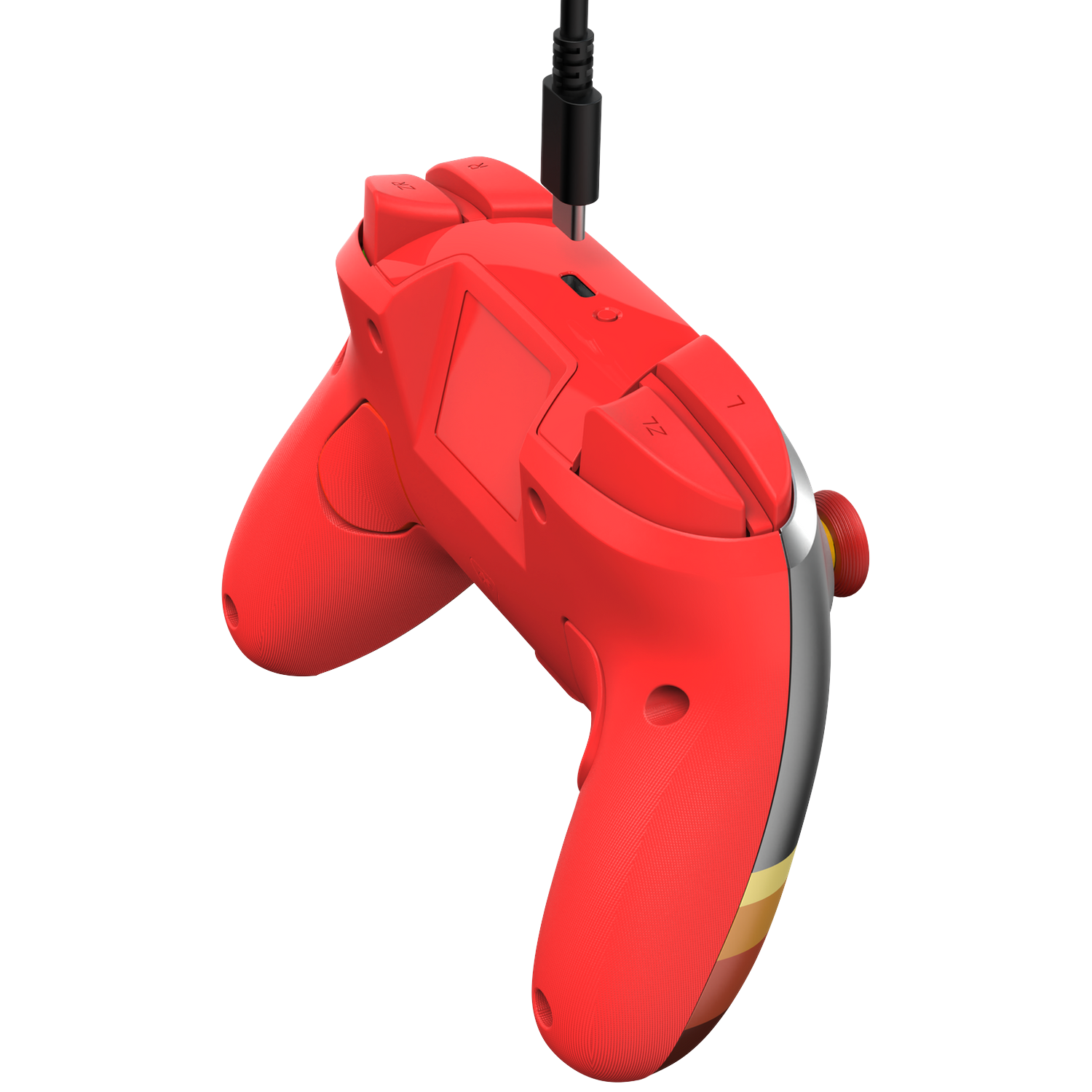 A red controller with a cable plugged into the top hangs in space.