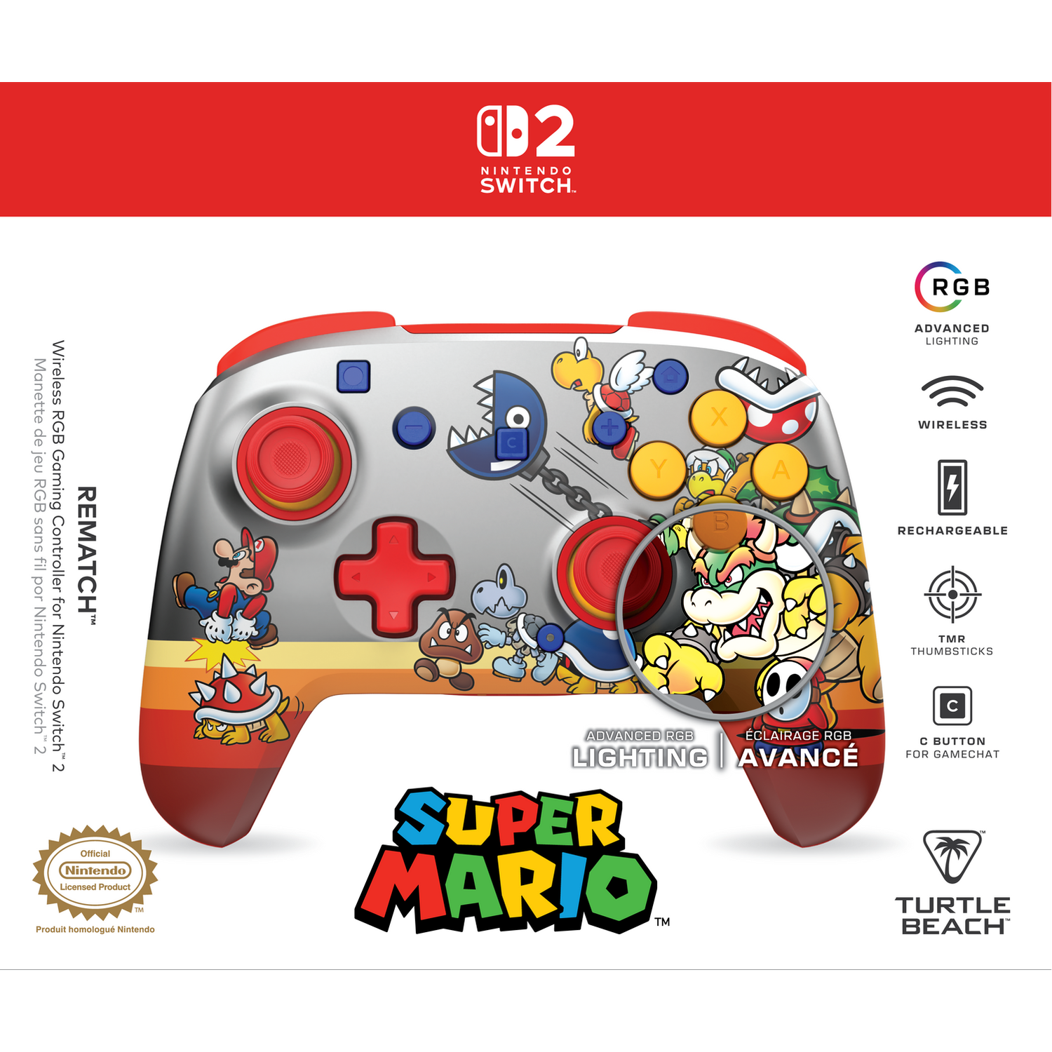 Nintendo Switch controller with Mario characters, RGB lighting, and Turtle Beach logo.