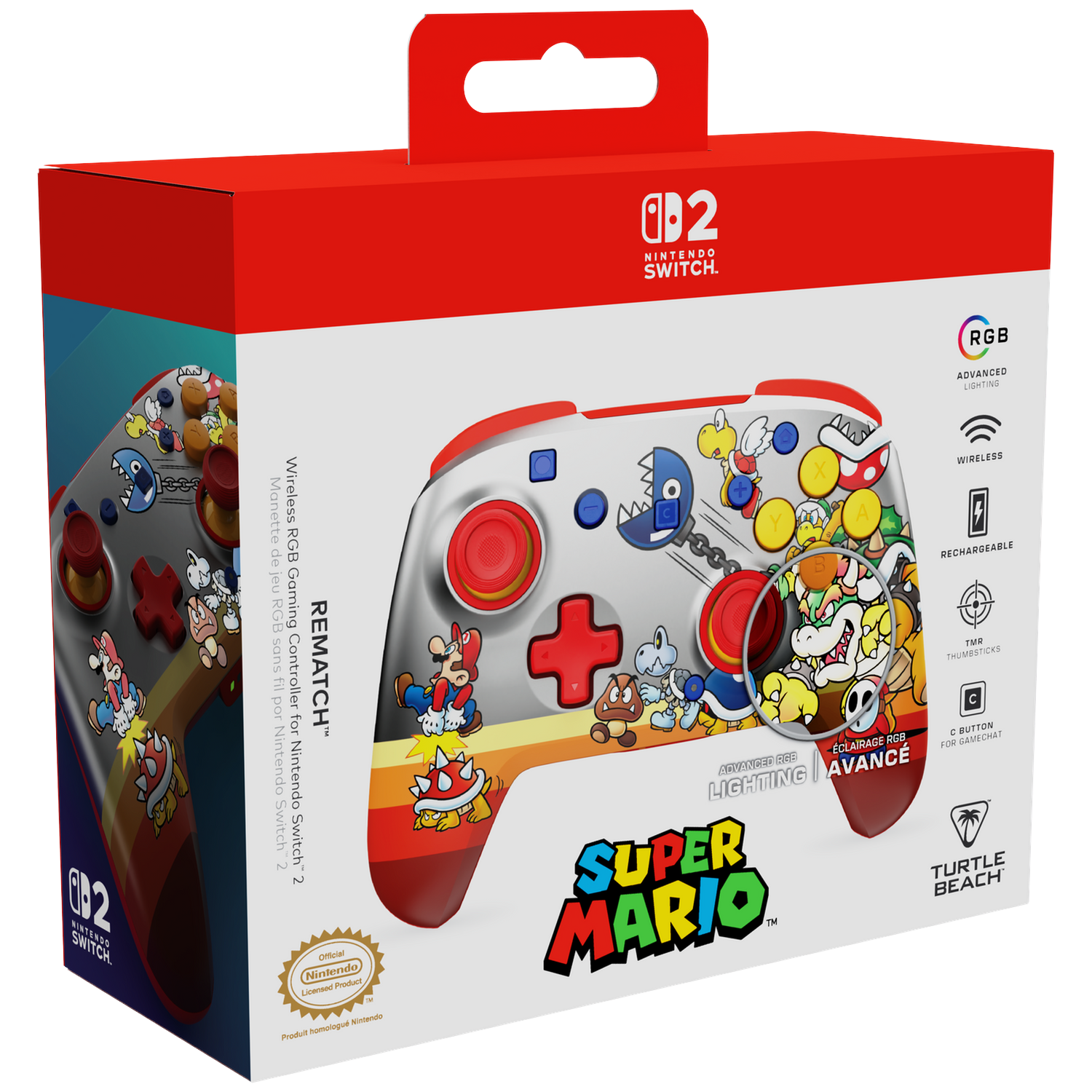 Super Mario themed Nintendo Switch controller box with game characters.