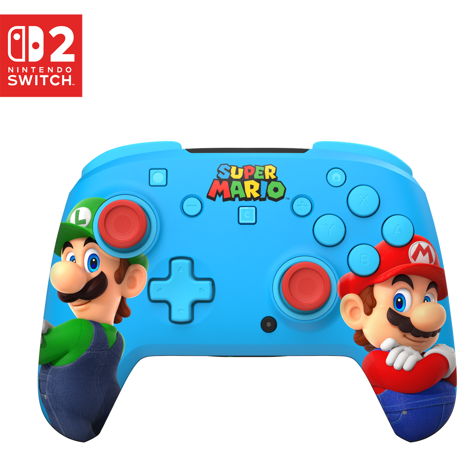 Blue Nintendo Switch controller with Mario and Luigi characters and Super Mario logo.