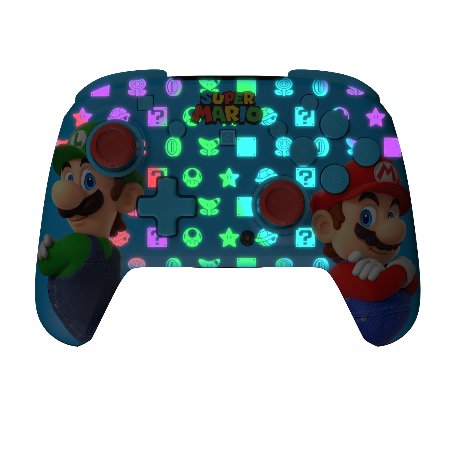 A blue Nintendo Switch Pro controller featuring glowing Super Mario motifs and characters.