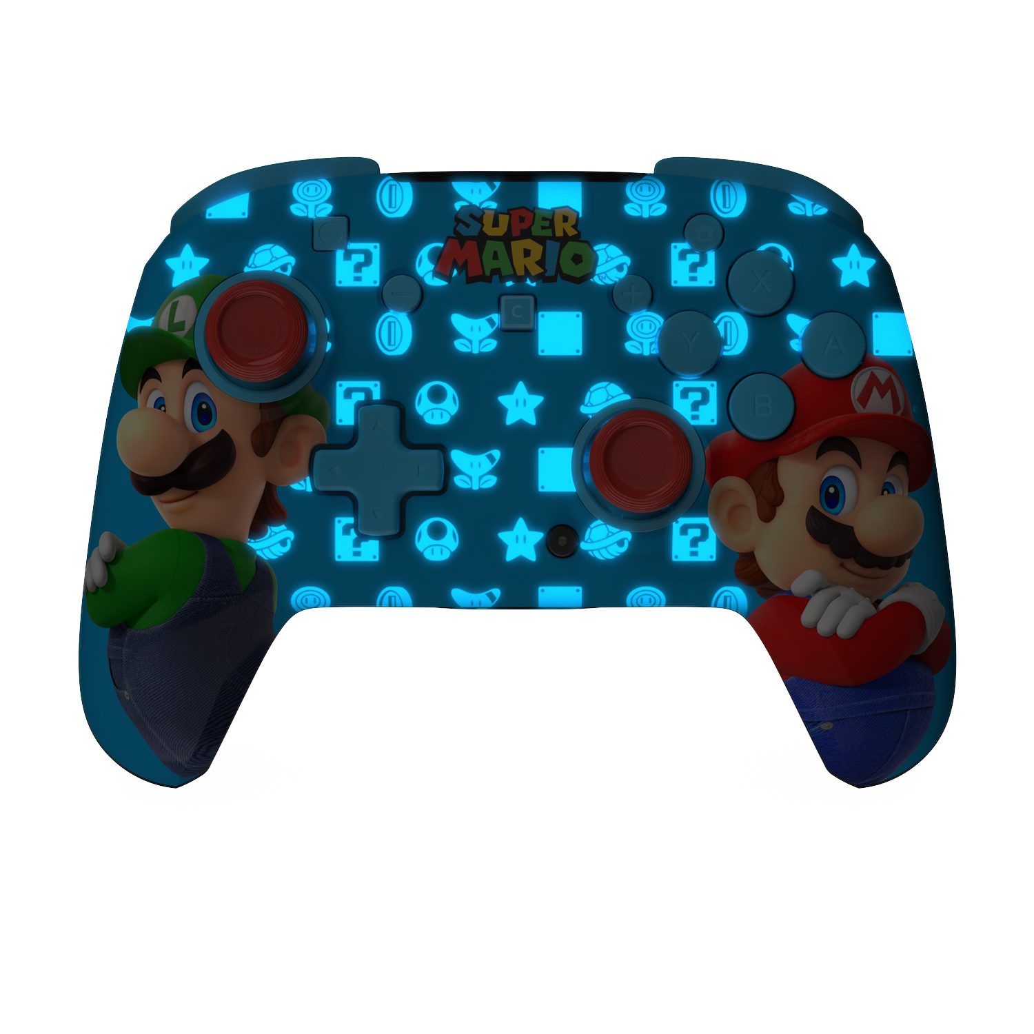 Super Mario controller with Mario and Luigi characters, glowing blue icons.