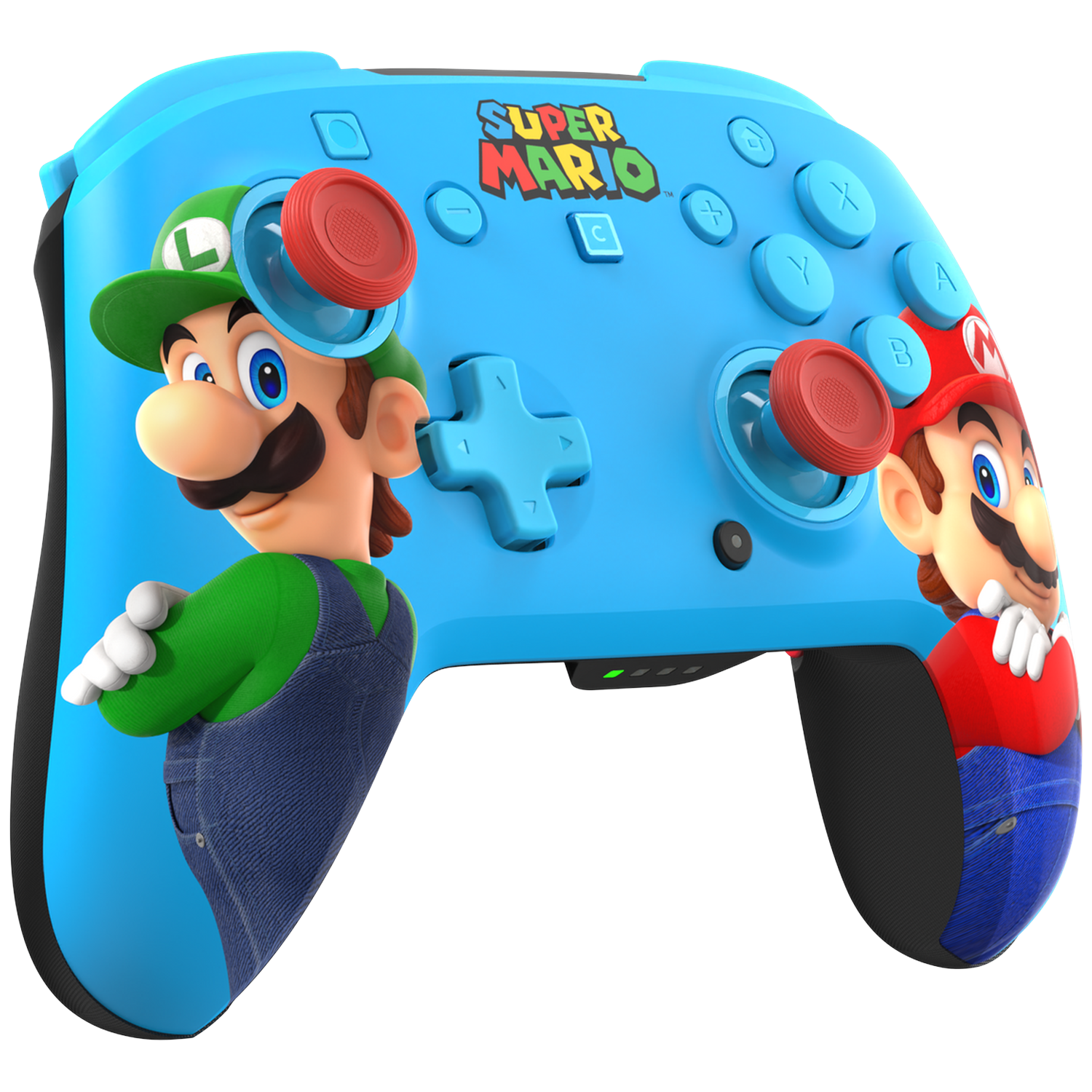 Blue Super Mario controller featuring Luigi and Mario on the sides.