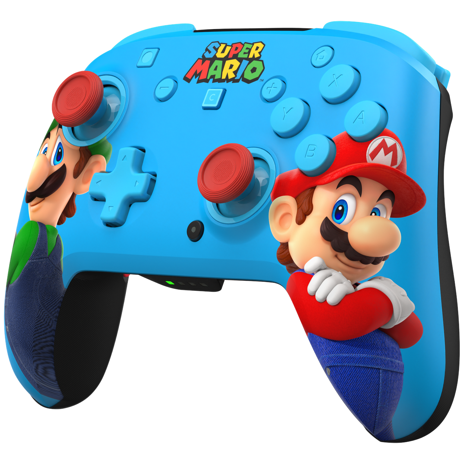 Blue controller featuring Super Mario & Luigi with red joysticks.