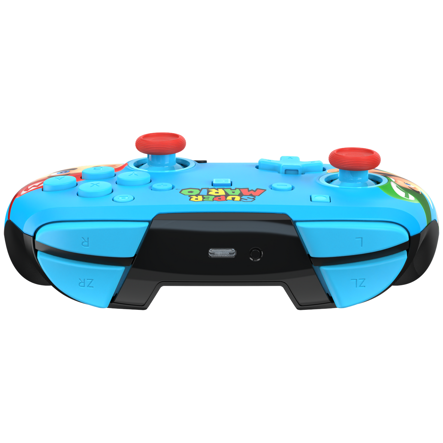 A blue Super Mario controller with red joysticks and buttons.