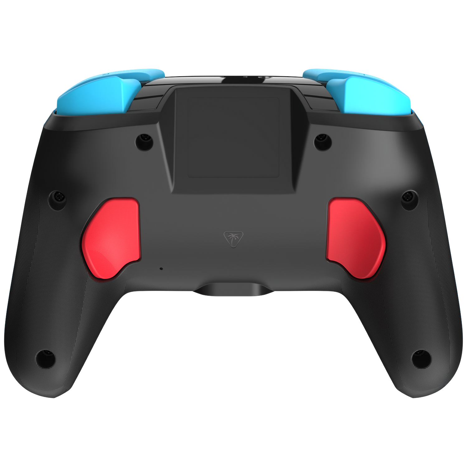Back view of a black controller with blue and red accents.
