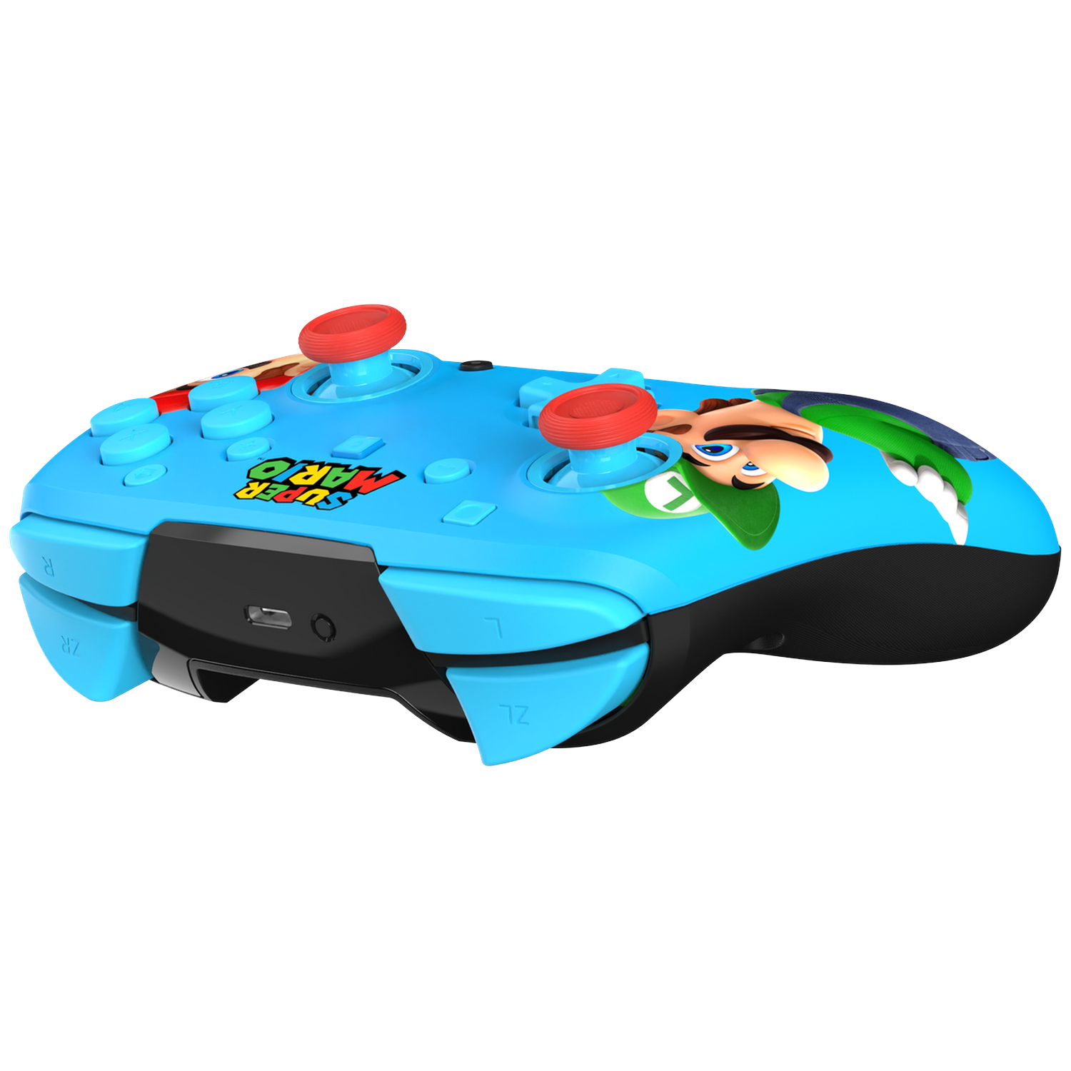A blue controller featuring Super Mario graphics and Luigi.