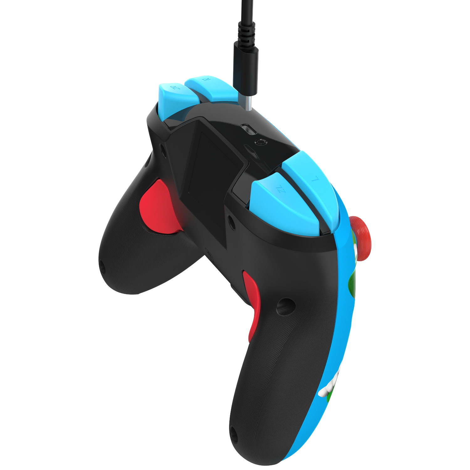 Black game controller with blue and red buttons, connected by a cable.