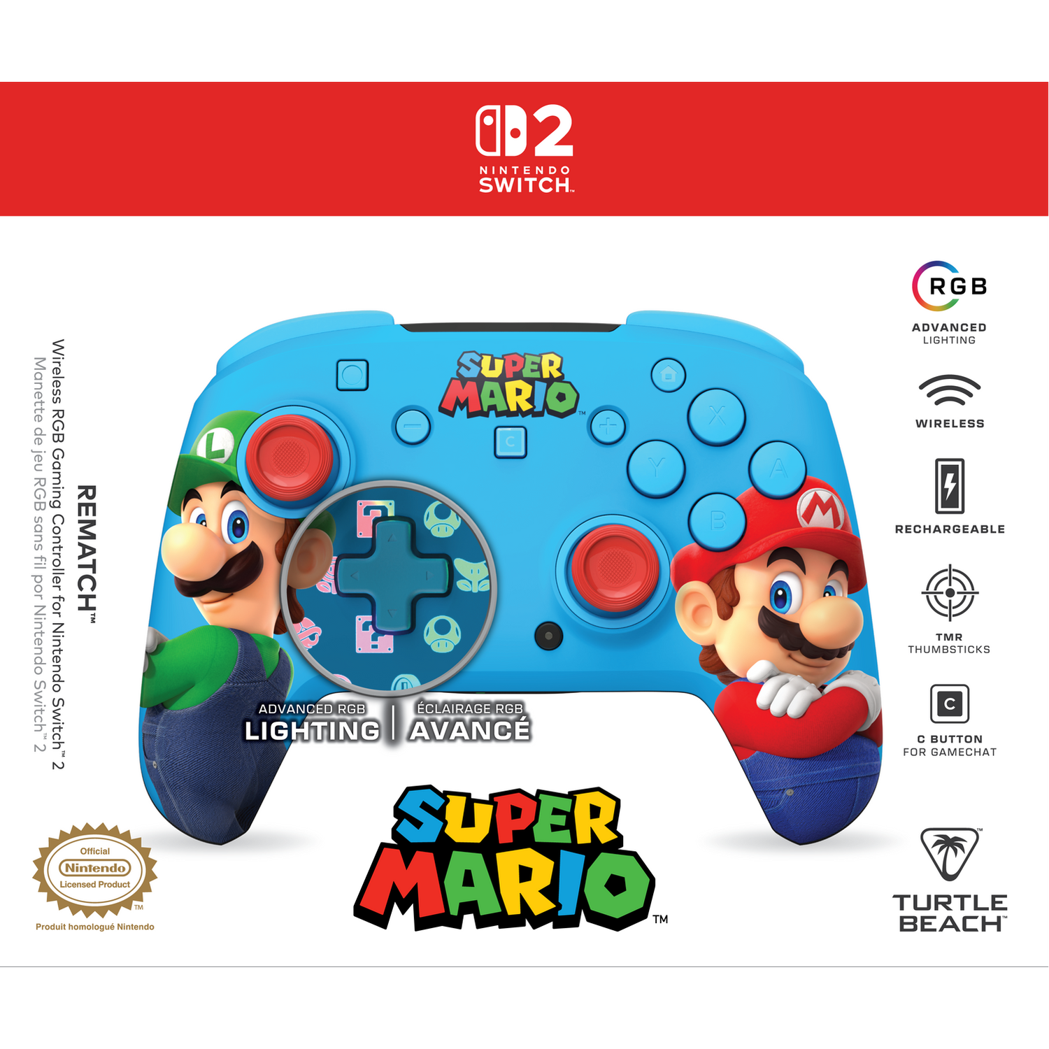 A blue Nintendo Switch controller featuring Super Mario, Luigi, and Mario characters. RGB lighting.
