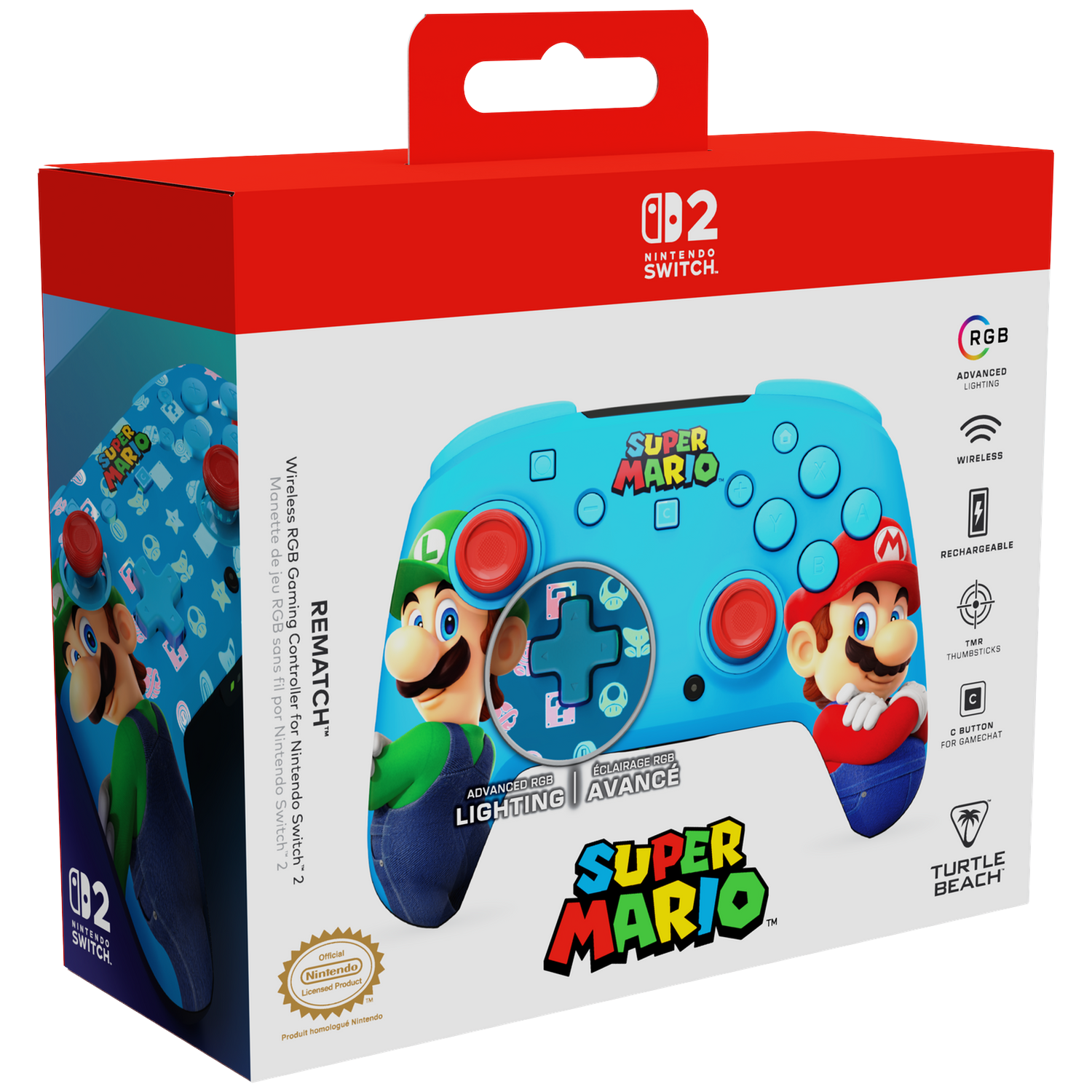 Packaging for a blue Nintendo Switch controller featuring Super Mario characters.