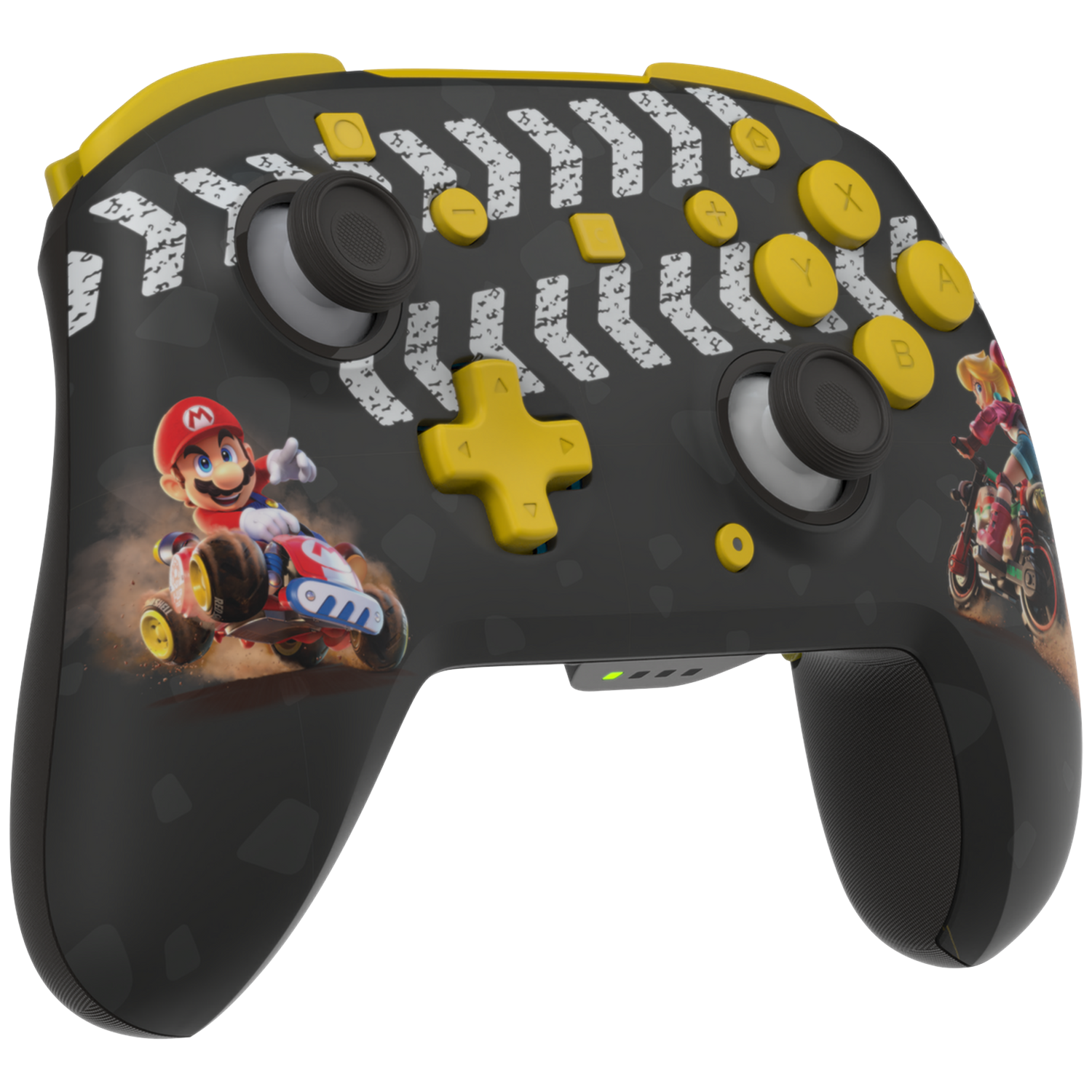 Black controller with Mario and Peach on karts, yellow buttons, and racing stripes.