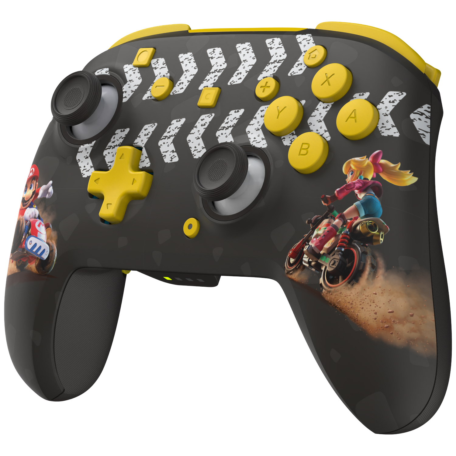 Nintendo controller with Mario Kart characters. Yellow buttons and accents.