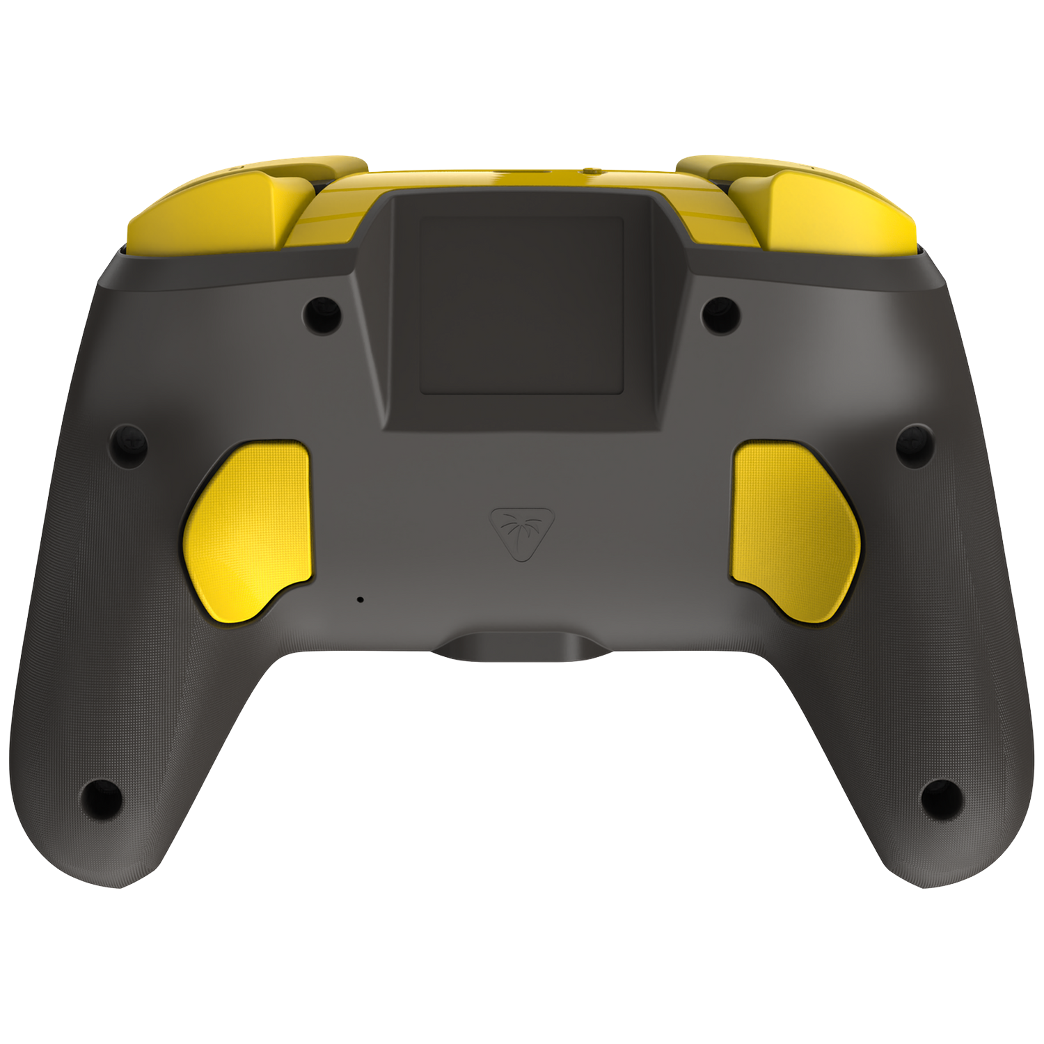 Back view of a black and yellow controller with textured grips and buttons.