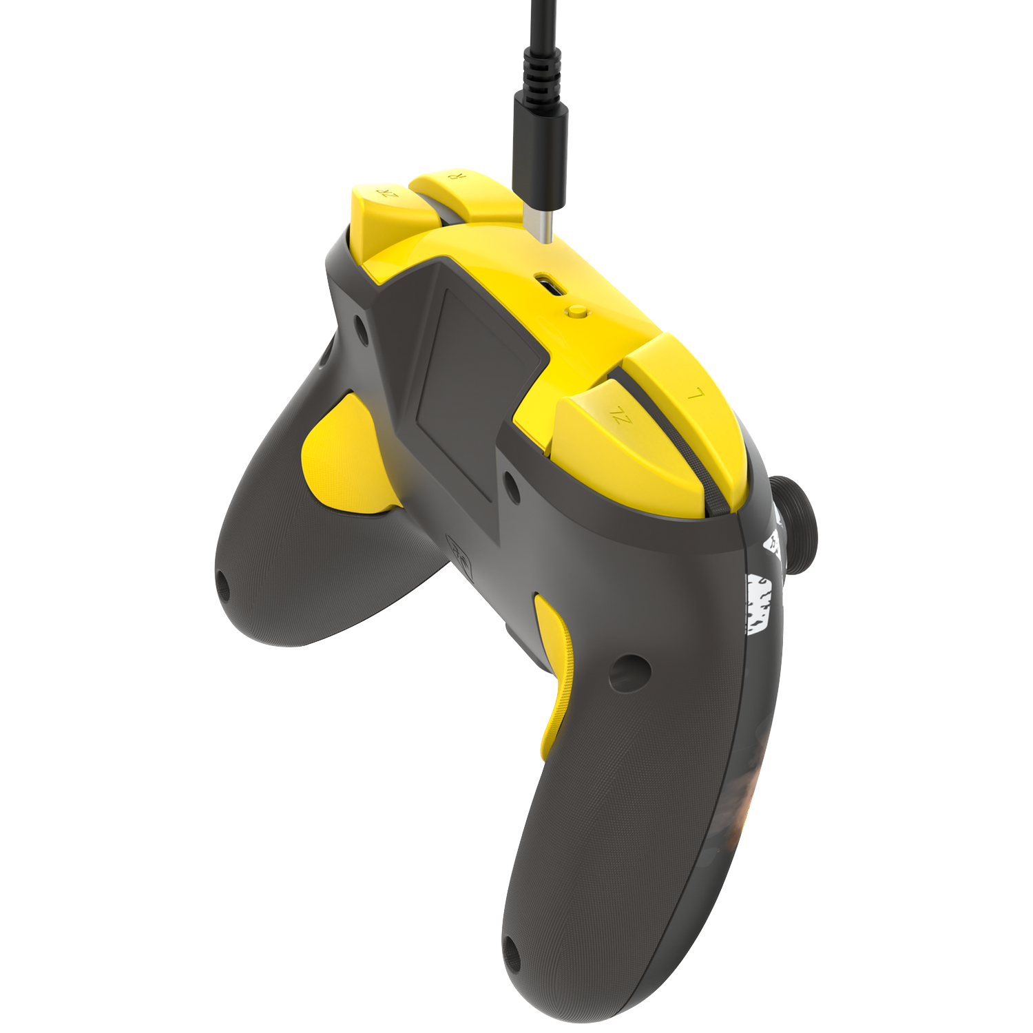 A black and yellow game controller with a connected cable, on a white background.