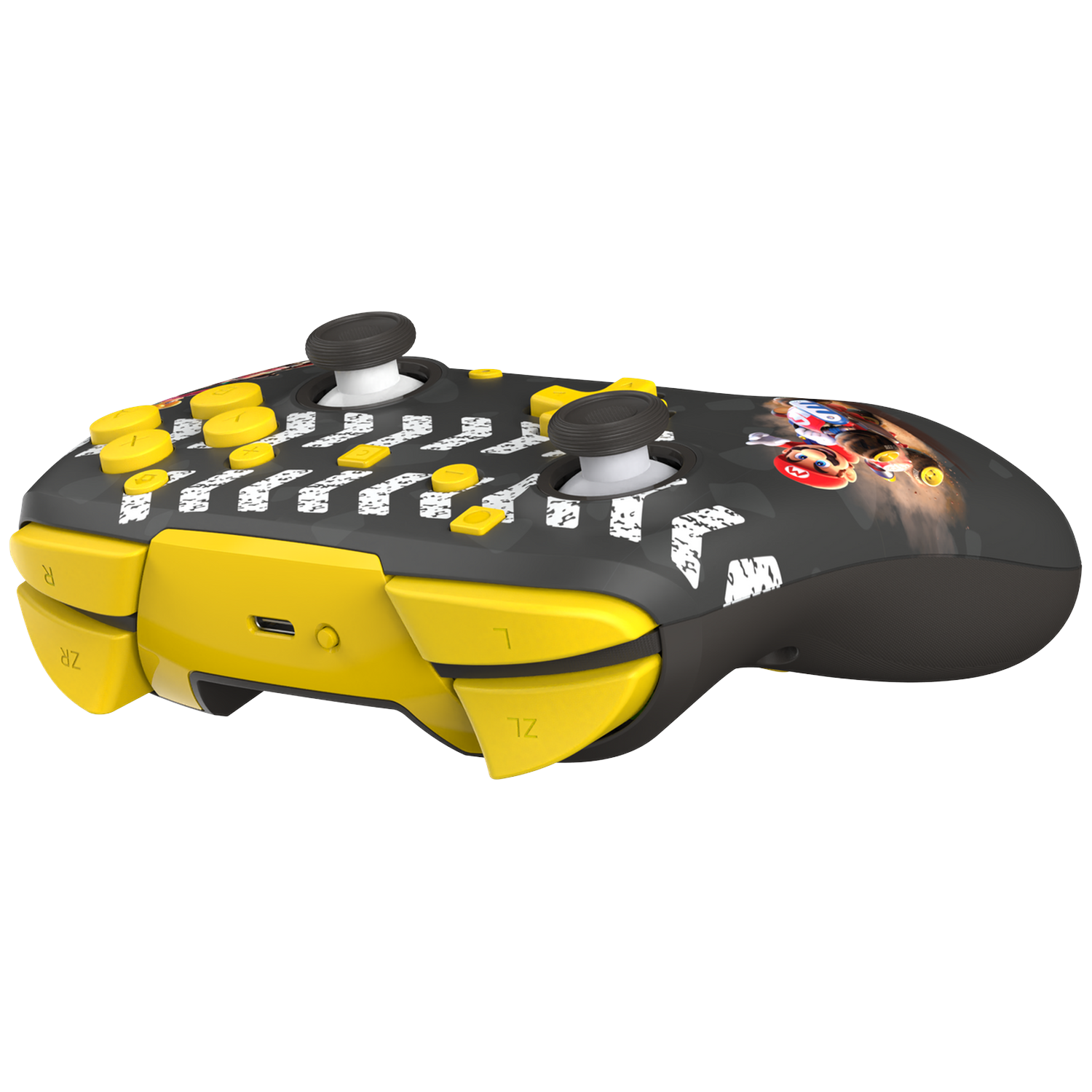 A black and yellow controller featuring Mario Kart design and Mario character.