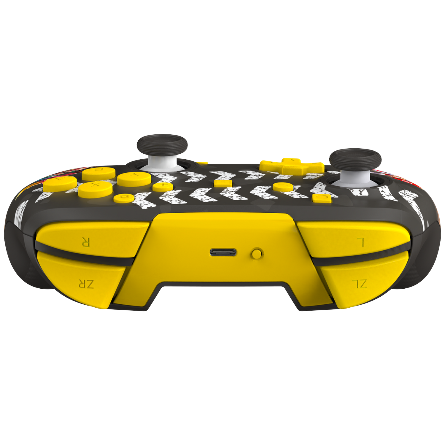 A black Nintendo Switch controller with yellow buttons and racing stripes.