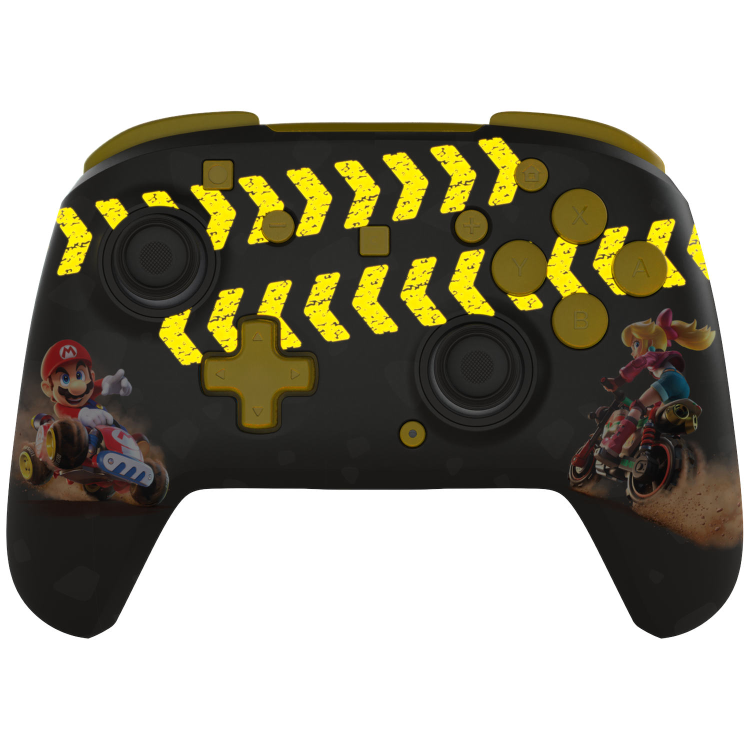 Black controller with Mario and Peach racing design, yellow arrows.