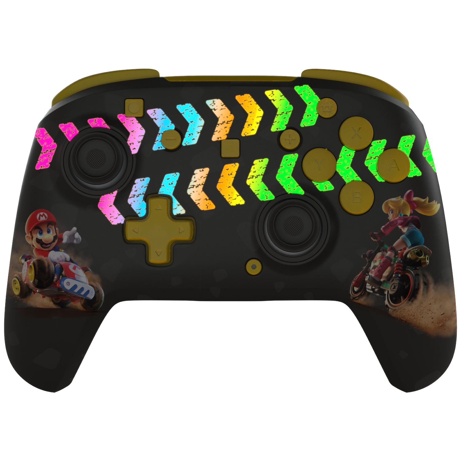 Black controller with Mario and Peach on karts, colorful arrows.